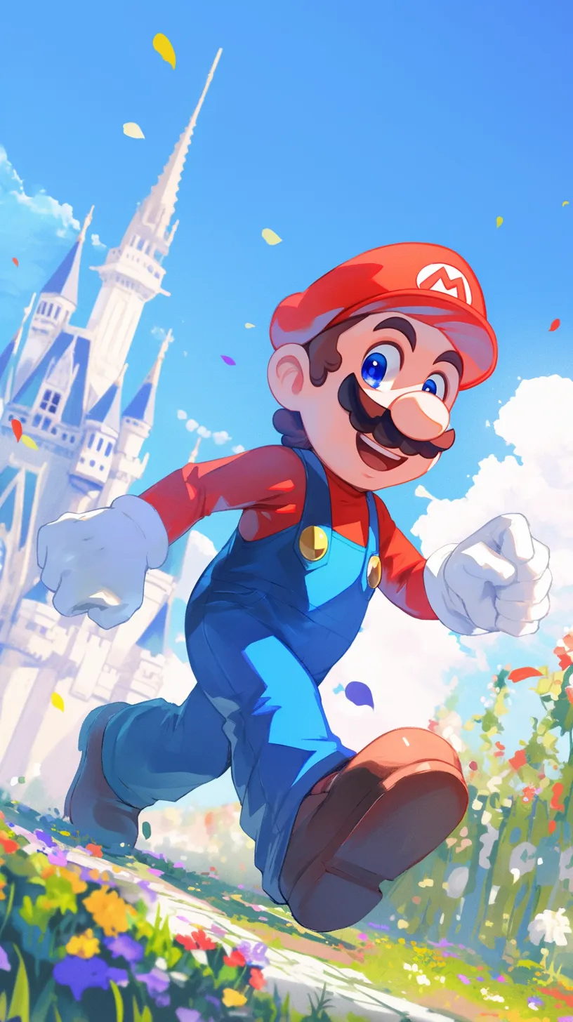 Mario, from Nintendo's Super Mario, is characterized by his blue eyes, red hat, red outfit, blue overalls, and white gloves. His exaggerated expressions and actions stand out against the backdrop of a castle, framed by blooming flowers along the corridor and vibrant iridescent highlights. The scene is depicted in a standard shot, showcasing exquisite texture and high resolution.