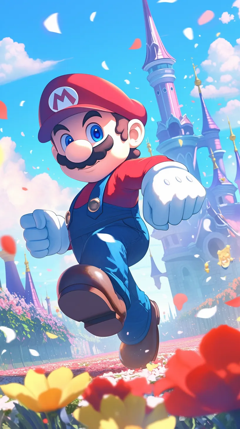 Mario, the iconic character from Nintendo's Super Mario, is characterized by his blue eyes, red hat, red outfit, blue overalls, and white gloves. His exaggerated expressions and movements are framed by a castle backdrop, with blooming flowers adorning the corridor and vibrant rainbow highlights. This scene is captured in a standard shot, showcasing exquisite texture and high resolution.