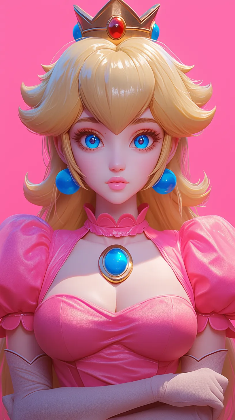 Princess Peach from Super Mario World, depicted in full-body, facing the camera, featuring fantastical colors and rendered in the highest quality using Unreal Engine. The scene includes a whimsical background with cinematic lighting, presented in 32k resolution and a close-up view, showcasing a high polygon count in line with current 3D trends from the Nintendo game Odyssey.