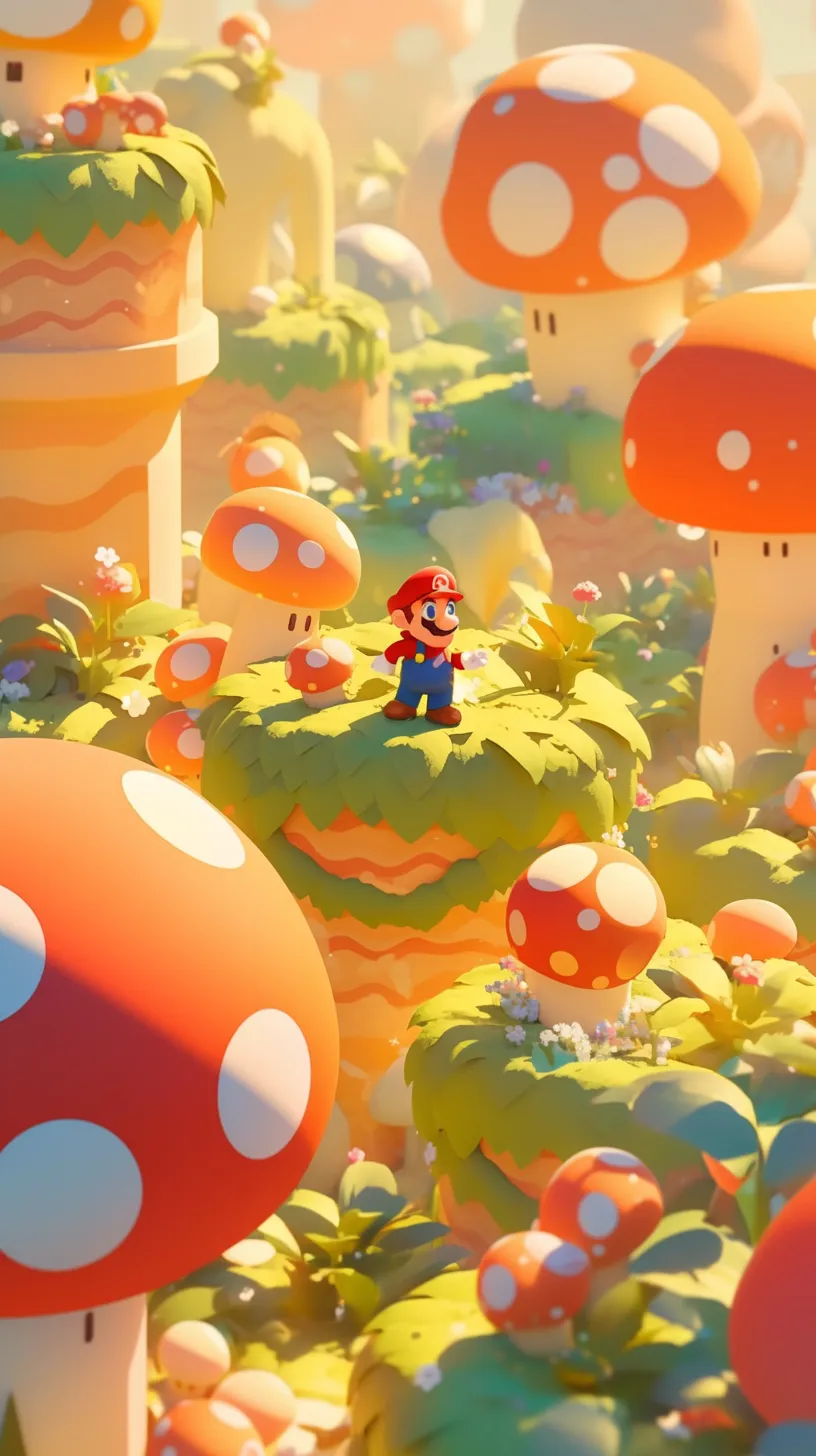 Super Mario sprinting through the Mushroom Kingdom, 32k resolution, close-up, featuring a Poltcount 3D aesthetic, inspired by the Nintendo game Odyssey.