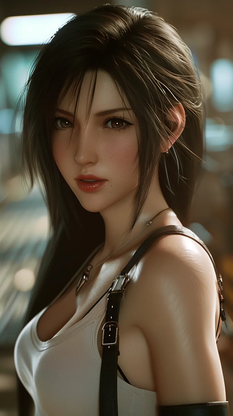 Final Fantasy VII Remake, Tifa Lockhart, elegant, rose-red lips, upper body, in a battle stance.