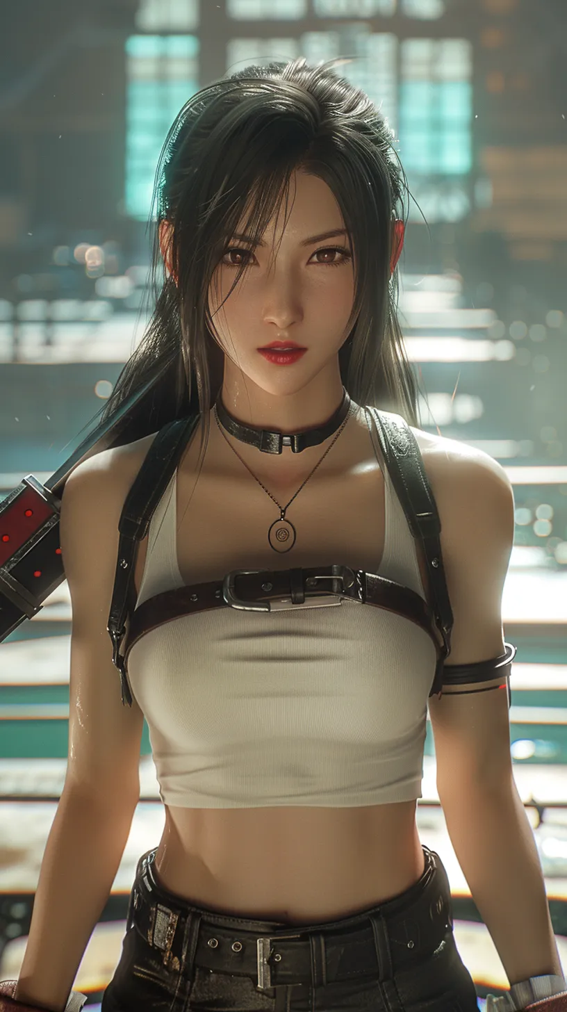 Final Fantasy VII Remake, Tifa Lockhart, graceful, rose-red lips, upper body, poised in a battle stance.