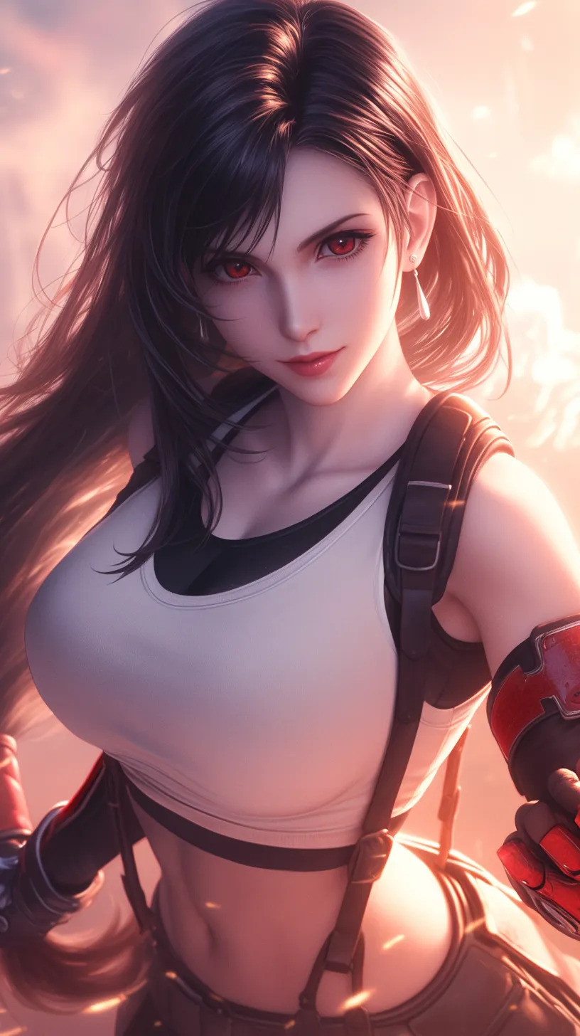 Tifa Lockhart from Final Fantasy VII Remake, exuding elegance with rose-red lips, depicted in a battle stance from the waist up.