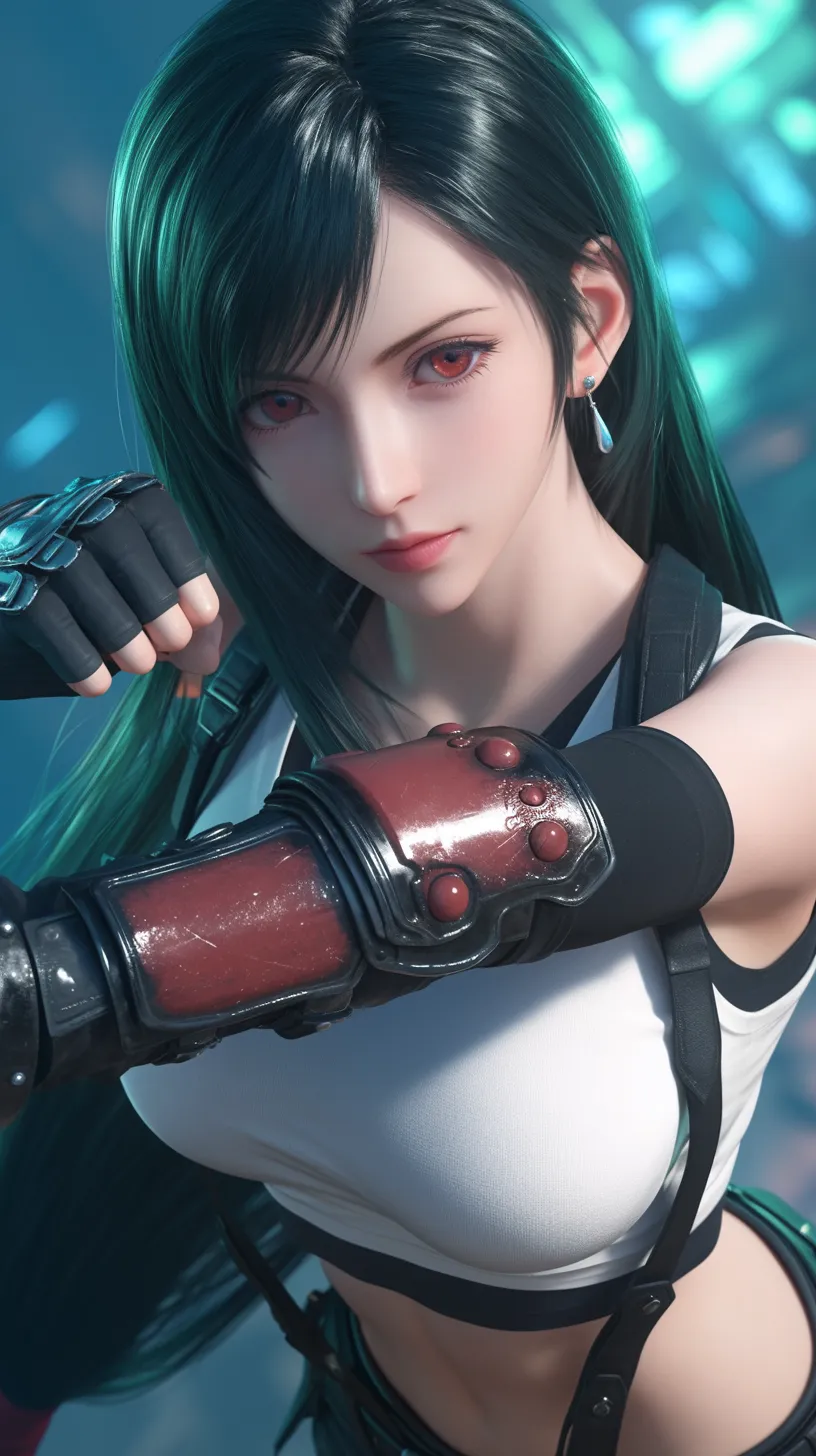 Tifa Lockhart from Final Fantasy VII Remake, exuding elegance with rose-red lips, poised in a fighting stance.