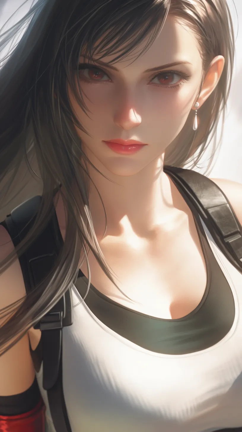 Tifa Lockhart from Final Fantasy VII Remake, elegant with rose-red lips, in a battle stance, captured from an upper body perspective.