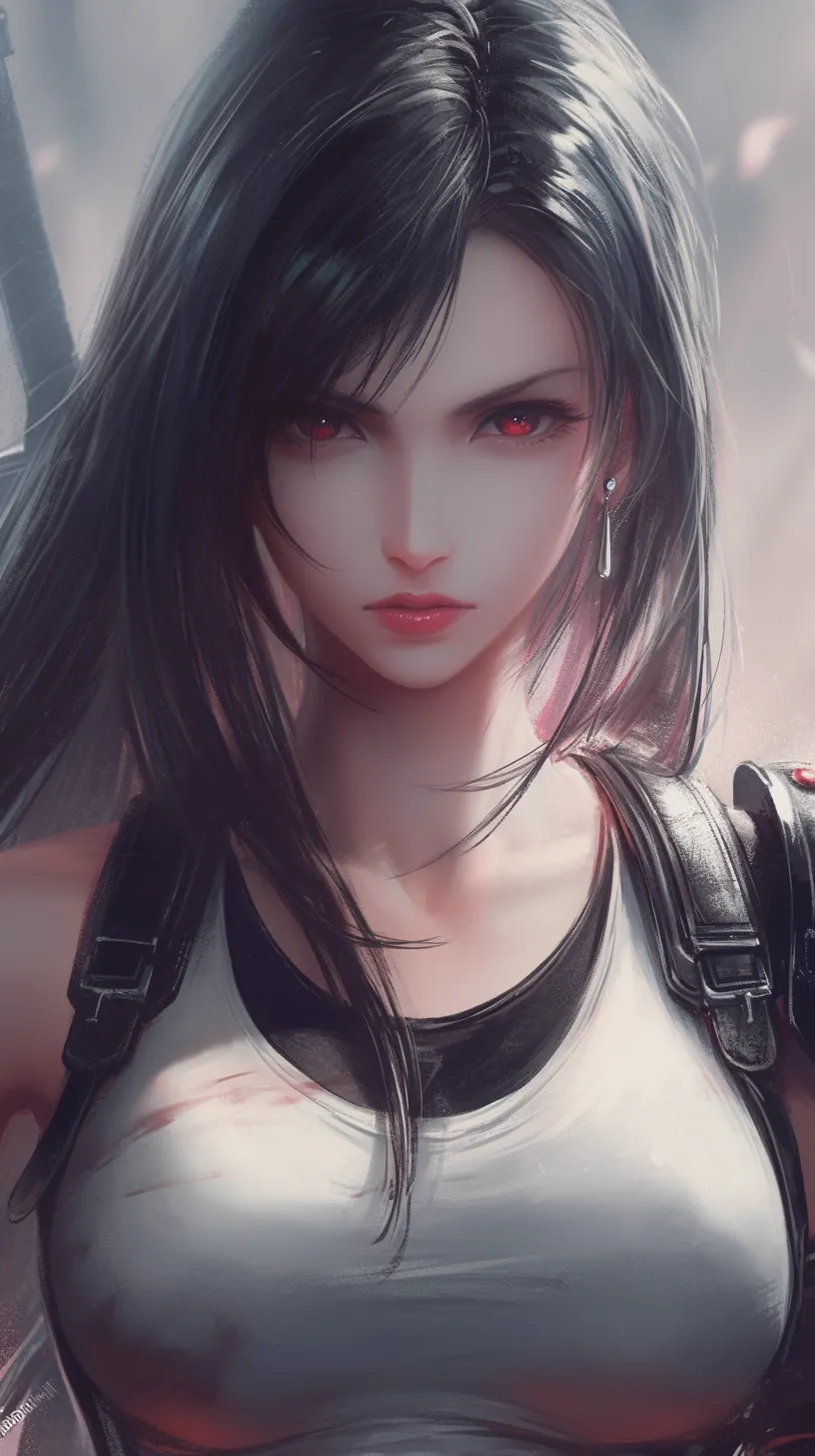 Tifa Lockhart from Final Fantasy VII Remake, poised and graceful, with rose-red lips, captured in a battle stance from an upper body perspective.