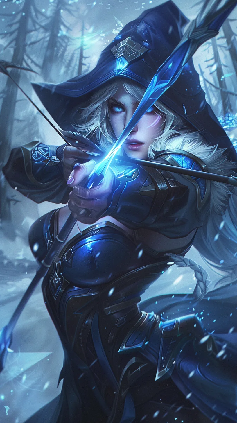 Ice shooter Ashe in League of Legends has striking white hair and blue eyes, dressed in elegant blue attire complemented by a deep blue hooded cloak. She dons a hat and wields a crystal bow that glows with a captivating blue light. Her piercing gaze exudes confidence as she stands in a regal pose, surrounded by a frigid landscape and swirling icy winds.