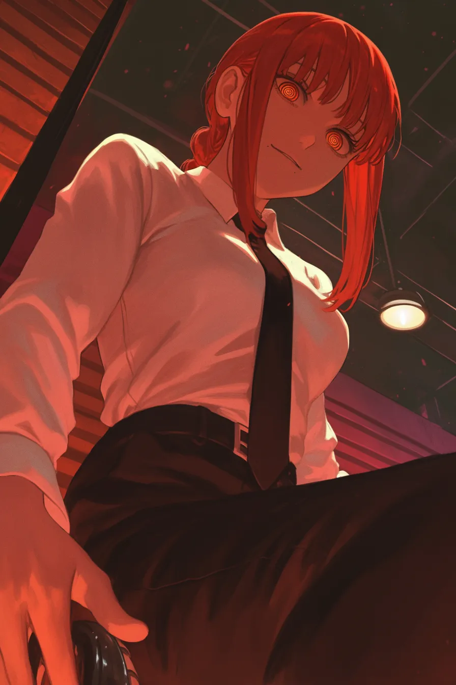 A girl performs solo as Makima from Chainsaw Man, gazing at the audience from below with her hands positioned behind her. The scene is set at night, enhanced by a captivating depth of field.