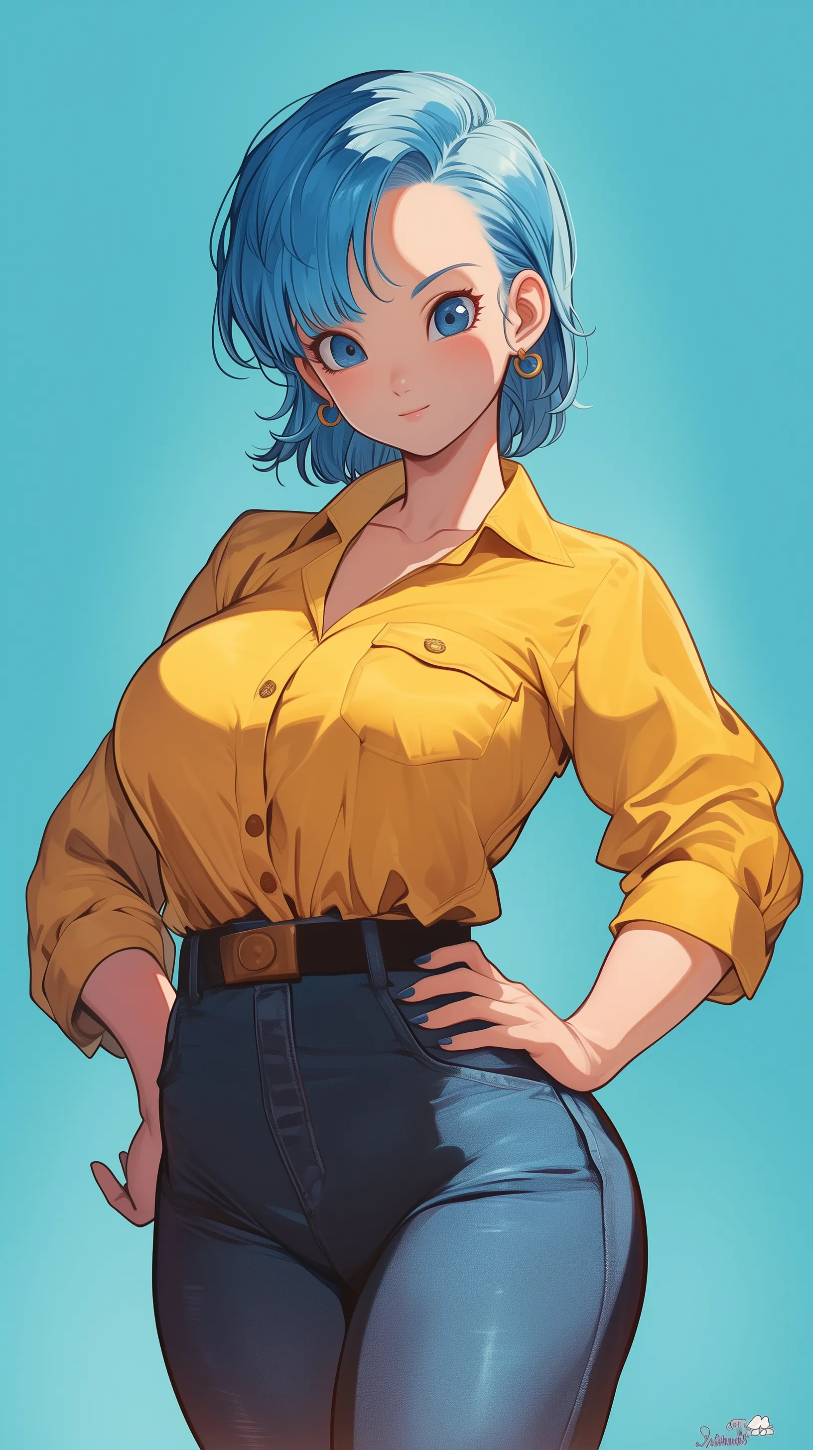 Bulma from Dragon Ball, dressed in jeans and a work shirt.