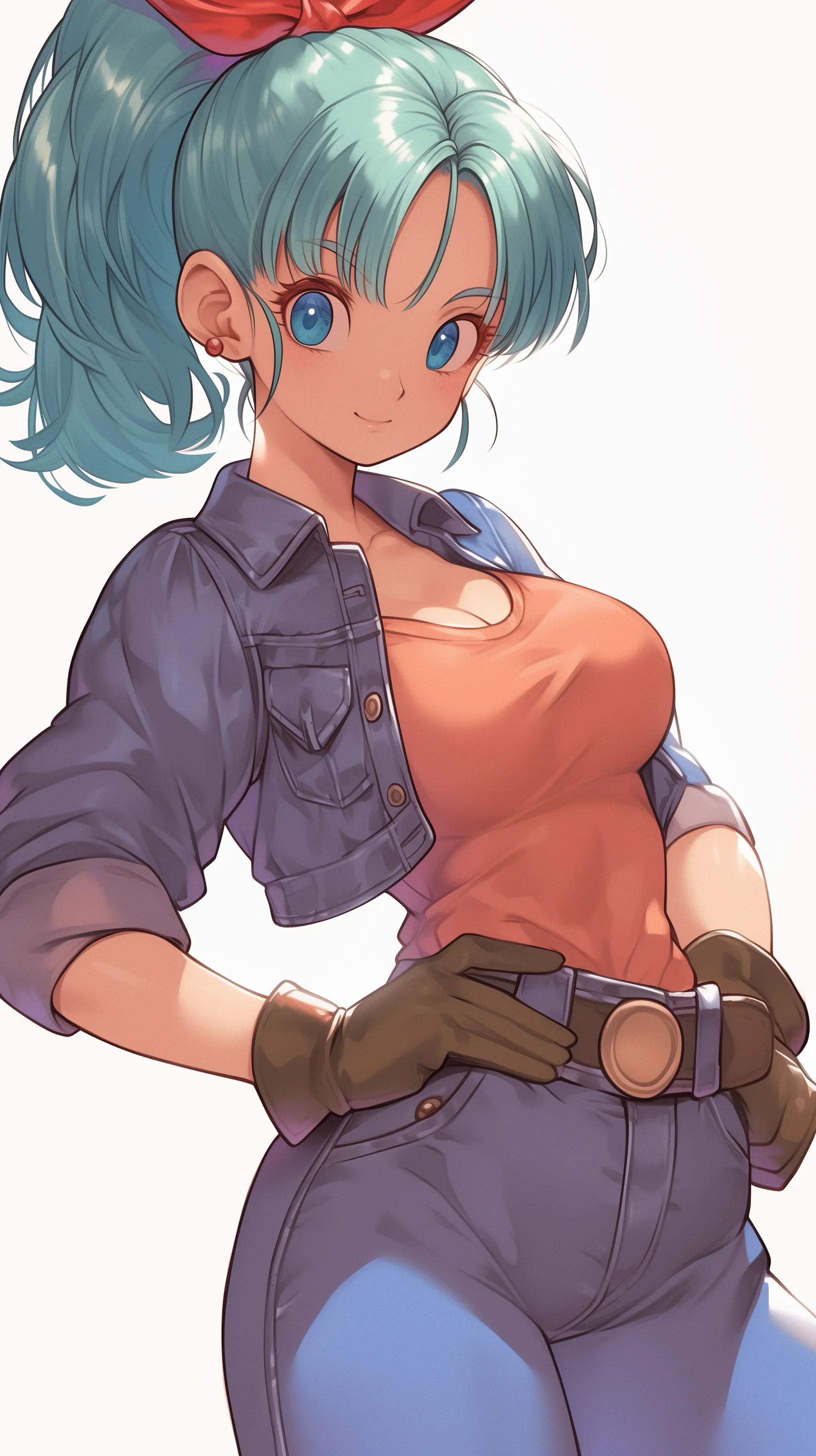 Bulma from Dragon Ball, dressed in jeans and a work shirt.