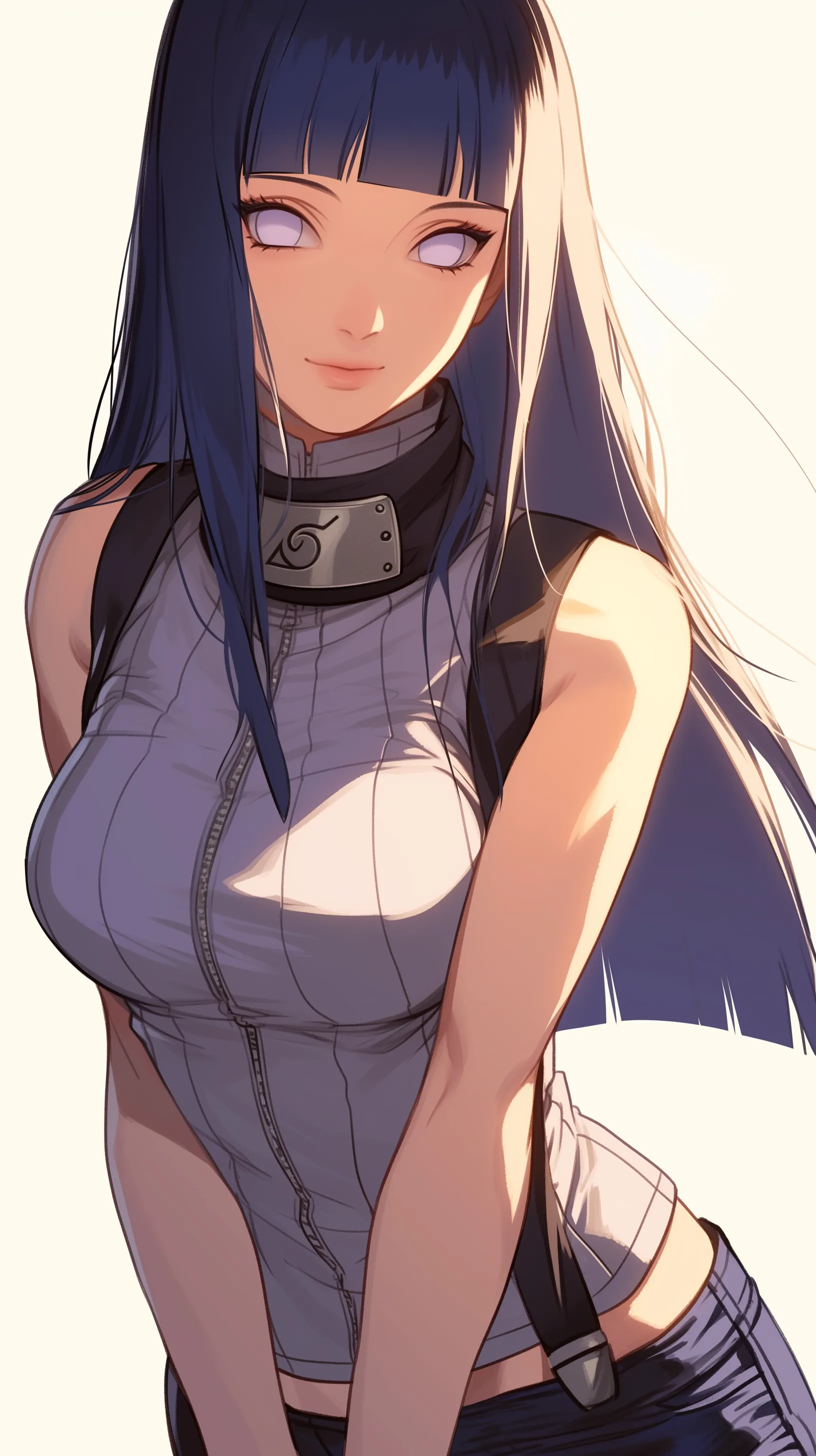 Hyuga Hinata from Naruto, sporting a high ponytail, a sleeveless top, and long denim jeans.