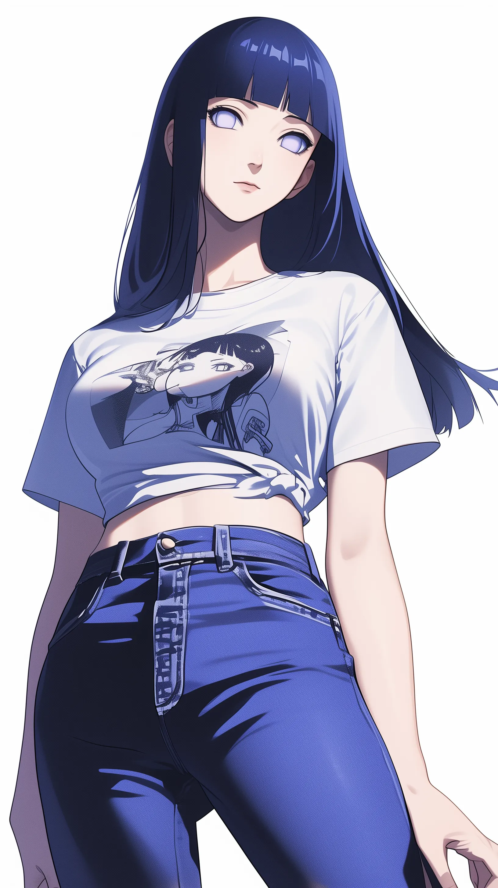 Hinata Hyuga from Naruto, showcasing a short high ponytail complemented by long hair, deep blue locks, a white short-sleeve T-shirt featuring Naruto's face, and dark blue denim jeans.