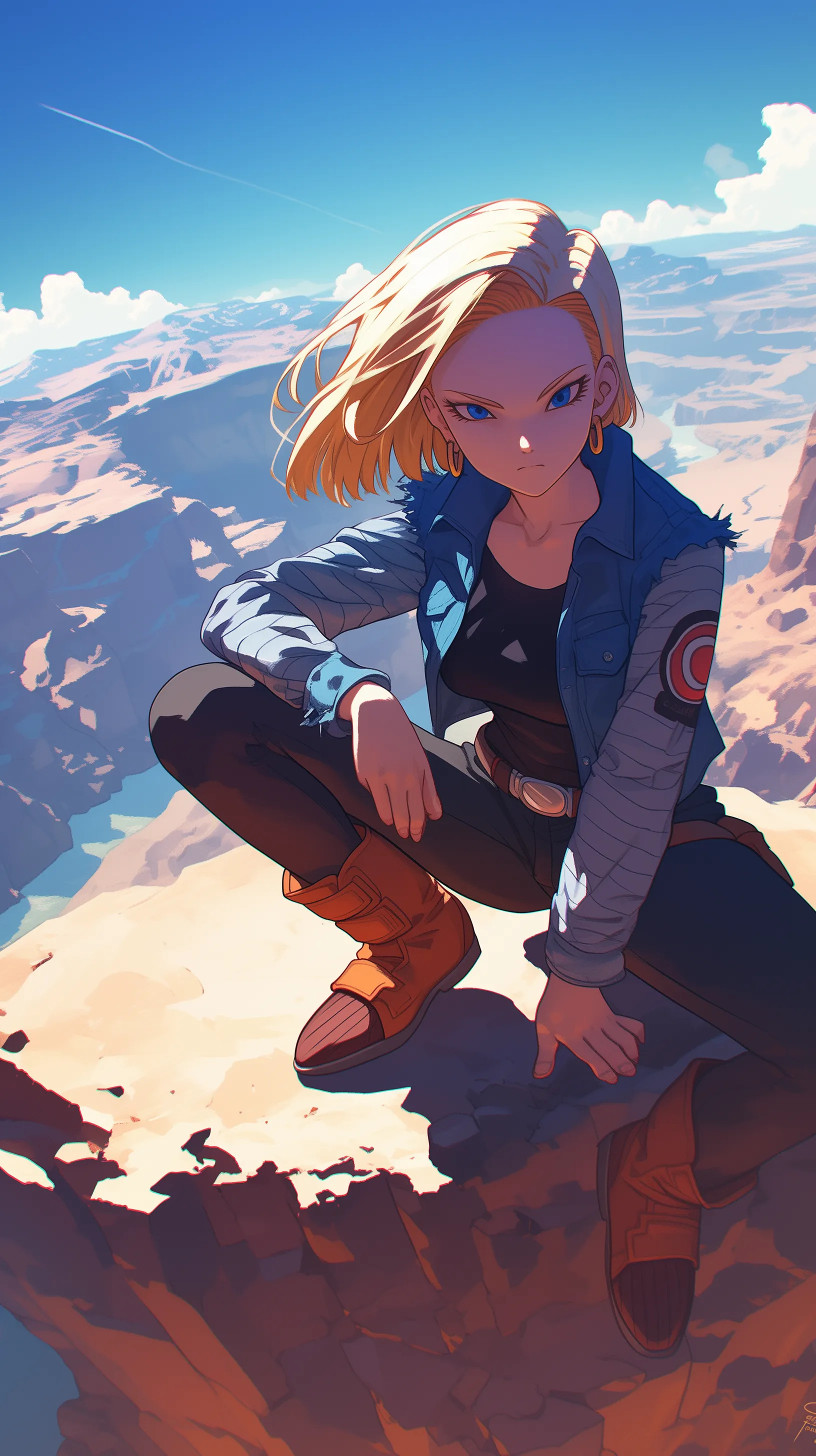 Android 18 from Dragon Ball, set against a backdrop of mountains and rivers, dressed in workwear, illustrated in a minimalist style with a fisheye lens effect.