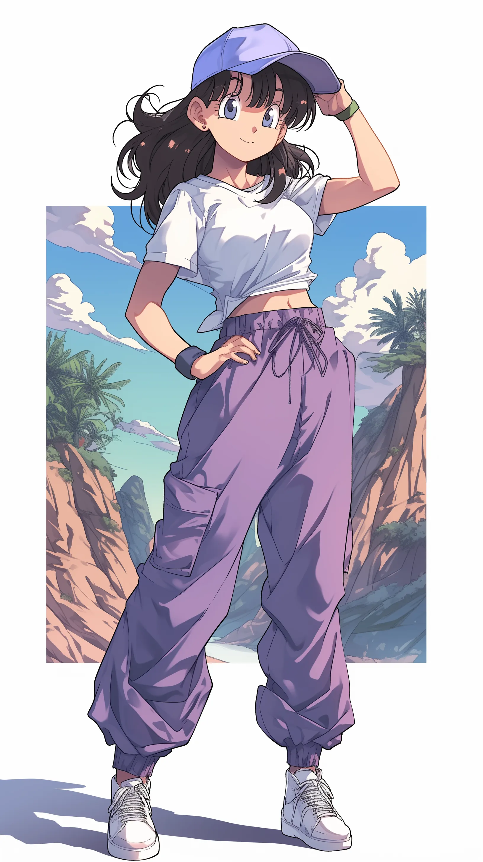 Chichi from Dragon Ball, set against a stunning backdrop of mountains, rivers, and streams, dressed in work attire and wearing a hat.