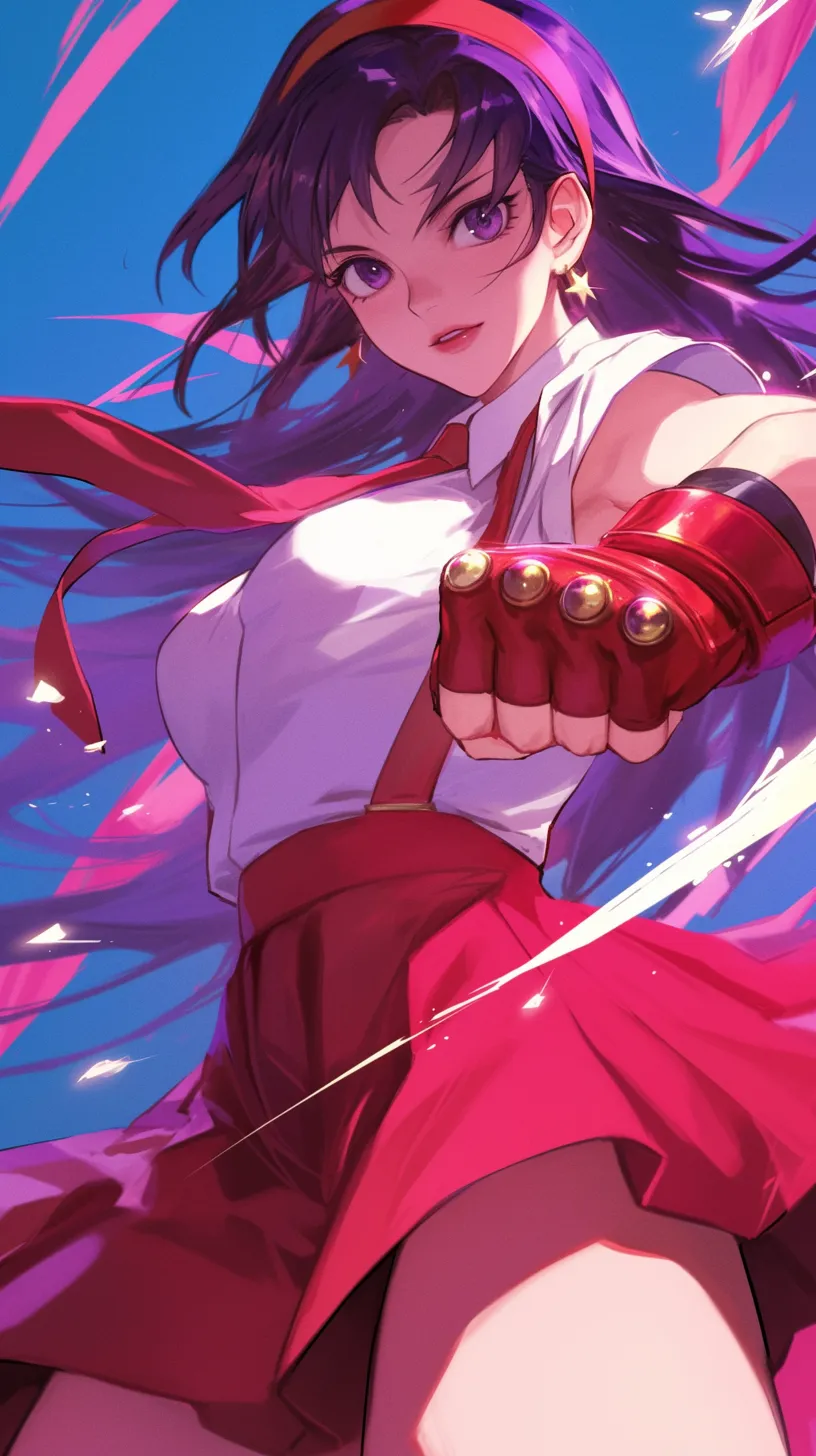 Athena Asamiya from The King of Fighters '97, beautifully illustrated against a captivating backdrop.