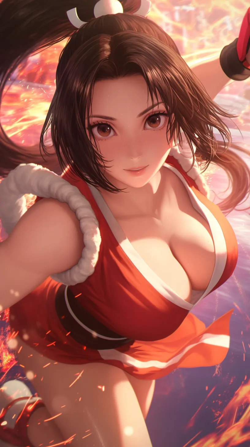 Mai Shiranui from The King of Fighters '97, engaged in battle against a richly illustrated backdrop, featuring a dynamic perspective.