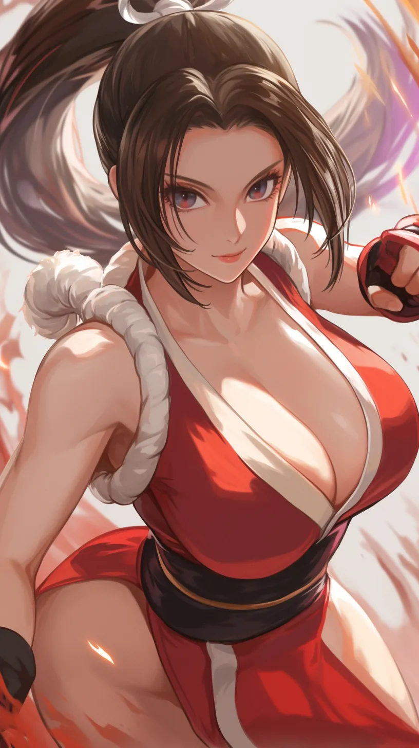 Mai Shiranui from The King of Fighters '97, in the midst of battle, surrounded by a beautifully illustrated and richly detailed background.