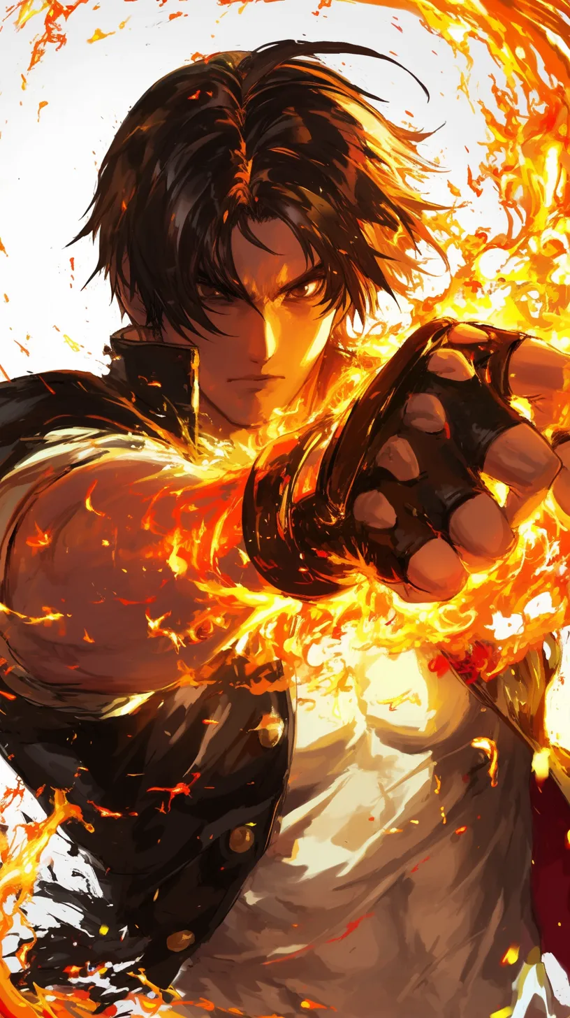 Kyo Kusanagi from The King of Fighters '97, engaging in a fierce battle with flames, set against an illustrated backdrop, showcasing his fiery combat skills.