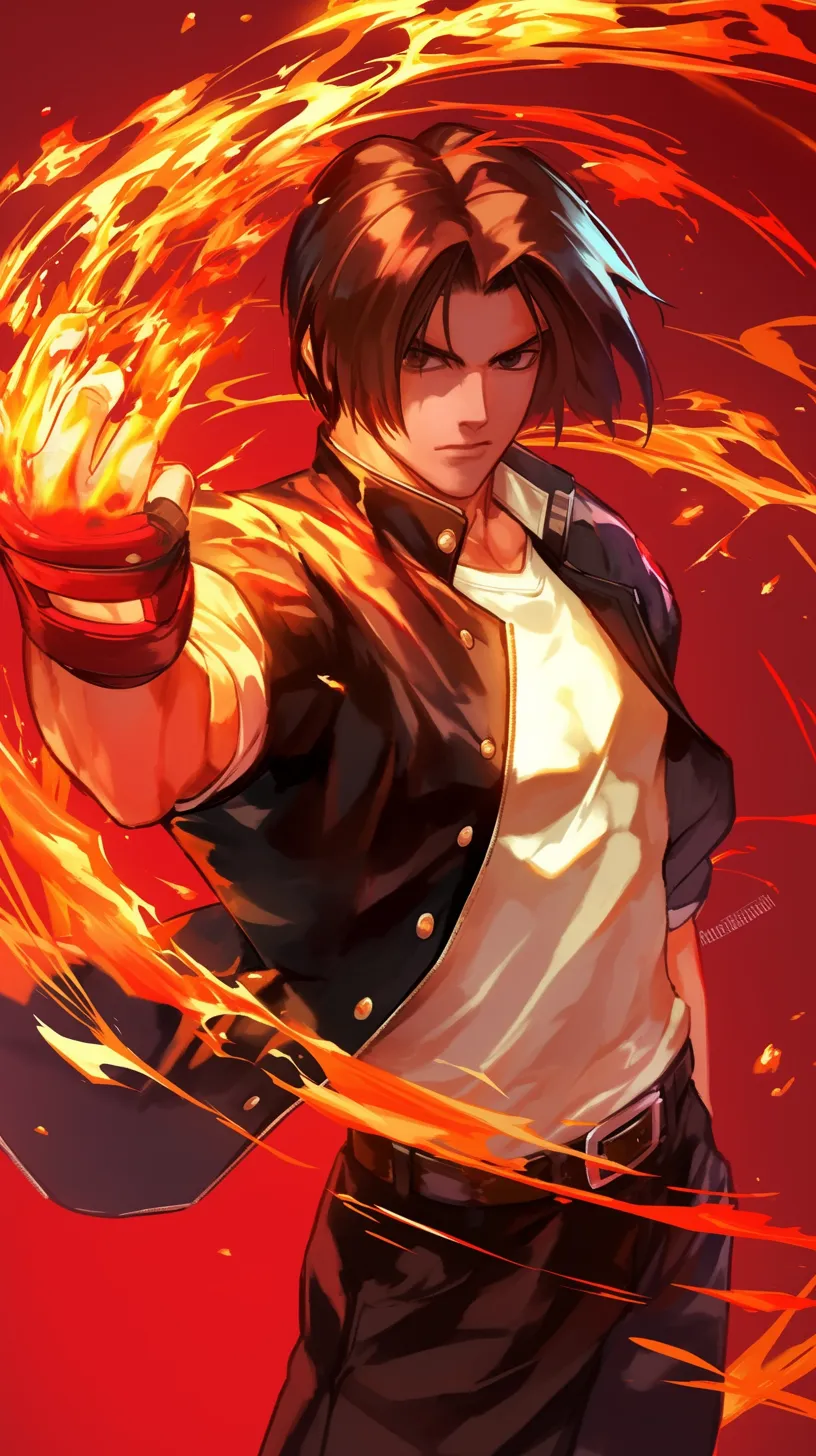 Kyo Kusanagi from The King of Fighters '97 showcases his fiery fighting skills, set against a vividly illustrated backdrop of flames.