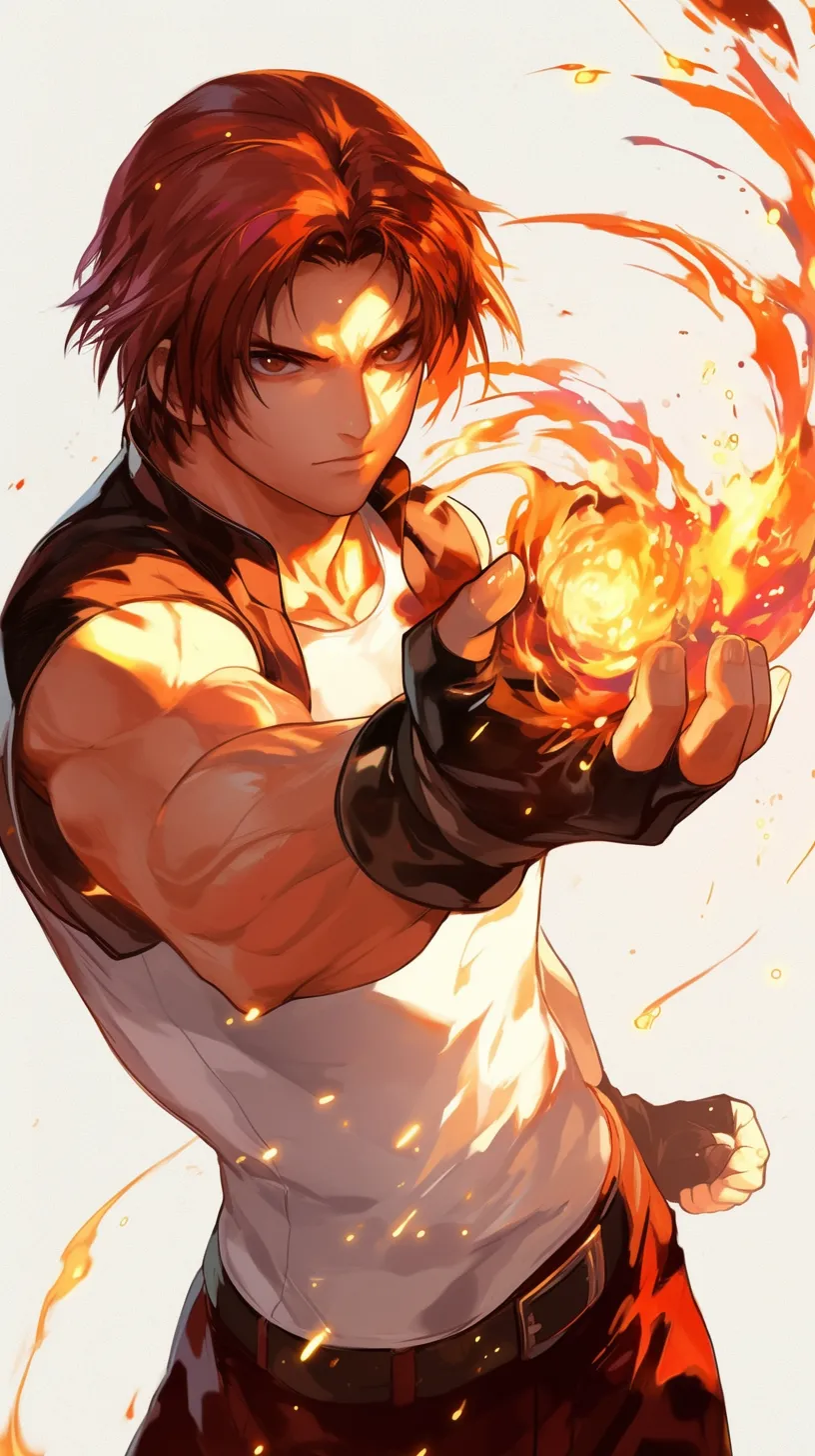 Kyo Kusanagi from The King of Fighters '97, engaged in a fiery battle, set against an illustrated background, showcasing his fire-based gaming skills.