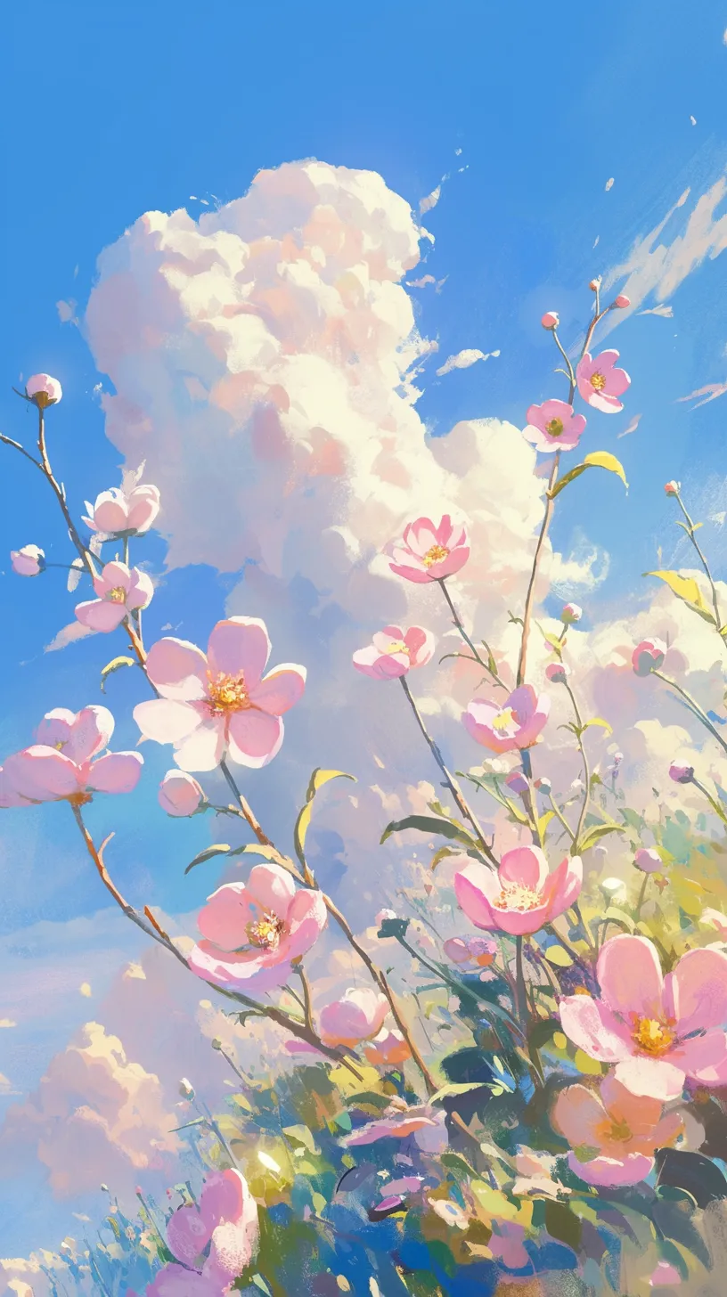 An abstract and minimalist painting of flowers and clouds, inspired by the artistic style of Studio Ghibli.