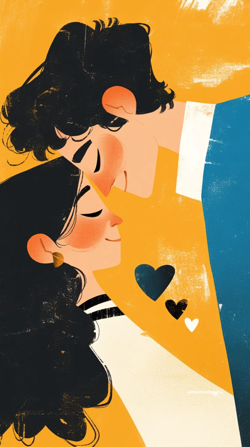 A minimalist illustration of a couple sharing a smile, with the woman having black curly hair and the man sporting a black shag hairstyle. In between them, a little boy embraces them, radiating love. The color palette includes navy blue, white, silver, gold, and teal, all in the distinctive style of Wes Anderson.