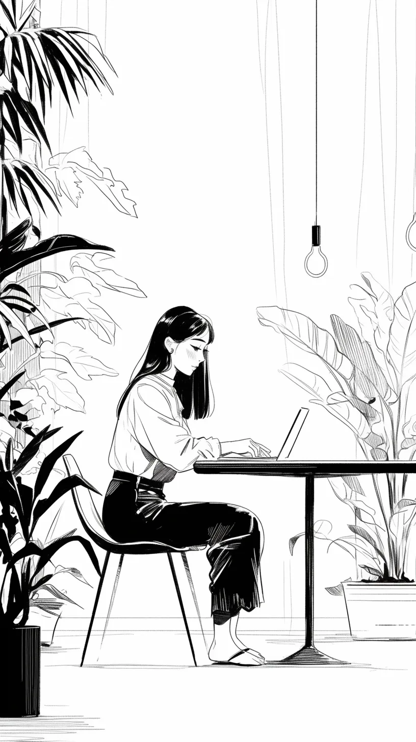 A minimalist concept showcasing whimsical black line illustrations in a monochromatic color scheme, portraying an individual using a MacBook in a stylish coffee shop setting adorned with plants, tables, and a warm, inviting atmosphere.