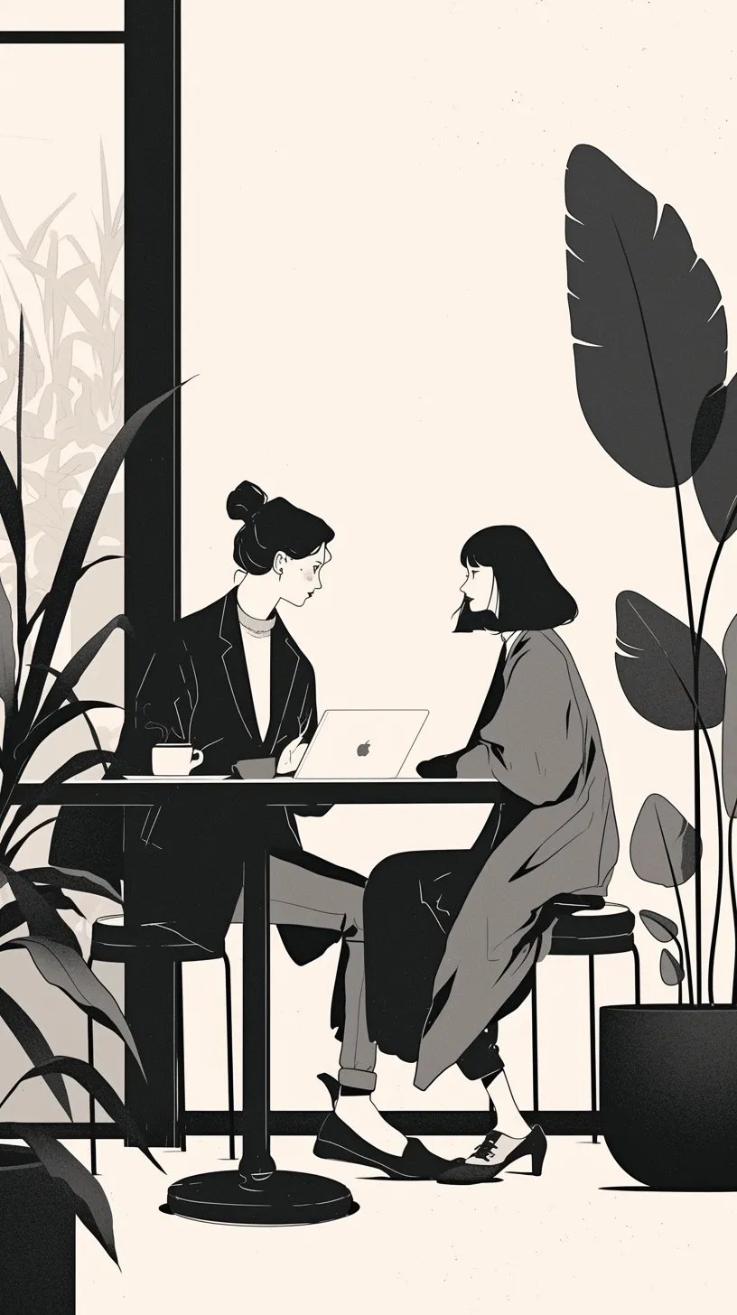 A whimsical illustration featuring a minimalist design with black lines, depicting a person using a MacBook in a stylish café setting filled with plants, a table, and a cozy ambiance, all presented in a black and white color scheme.