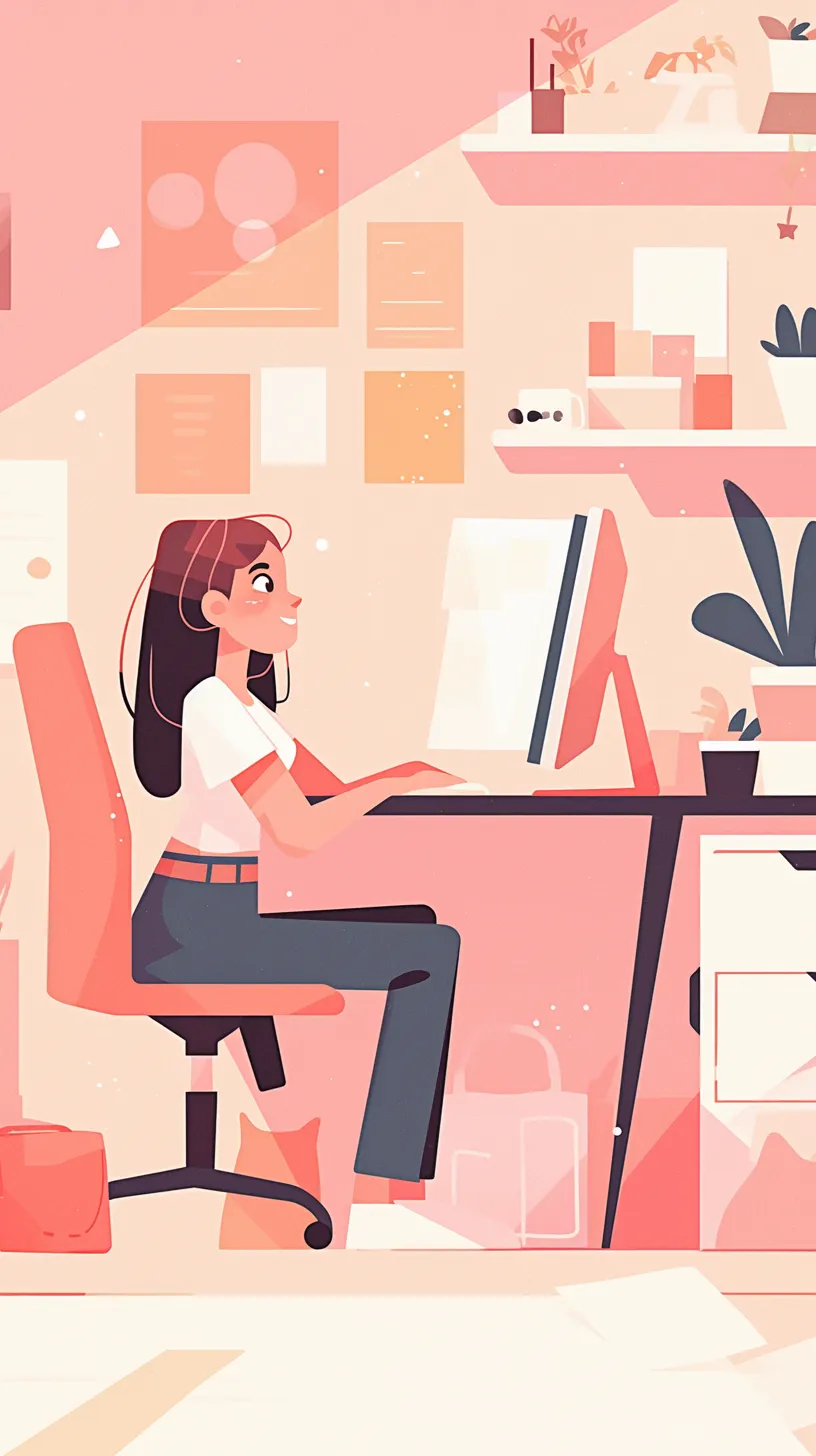 An Instagram story highlights a cheerful woman at her computer, presented in a minimalist and flat design style. The ambiance is cozy and uplifting, featuring a comfortable sofa and a sense of community. The graphic design illustration is simple, utilizing large shapes and a cohesive background without intricate details. It reflects the identity of Hellobienbien, a real estate agency, through a palette of pink, white, and blue tones. The banner illustration is elegant, showcasing flat design and circular elements within a comfortable setting.