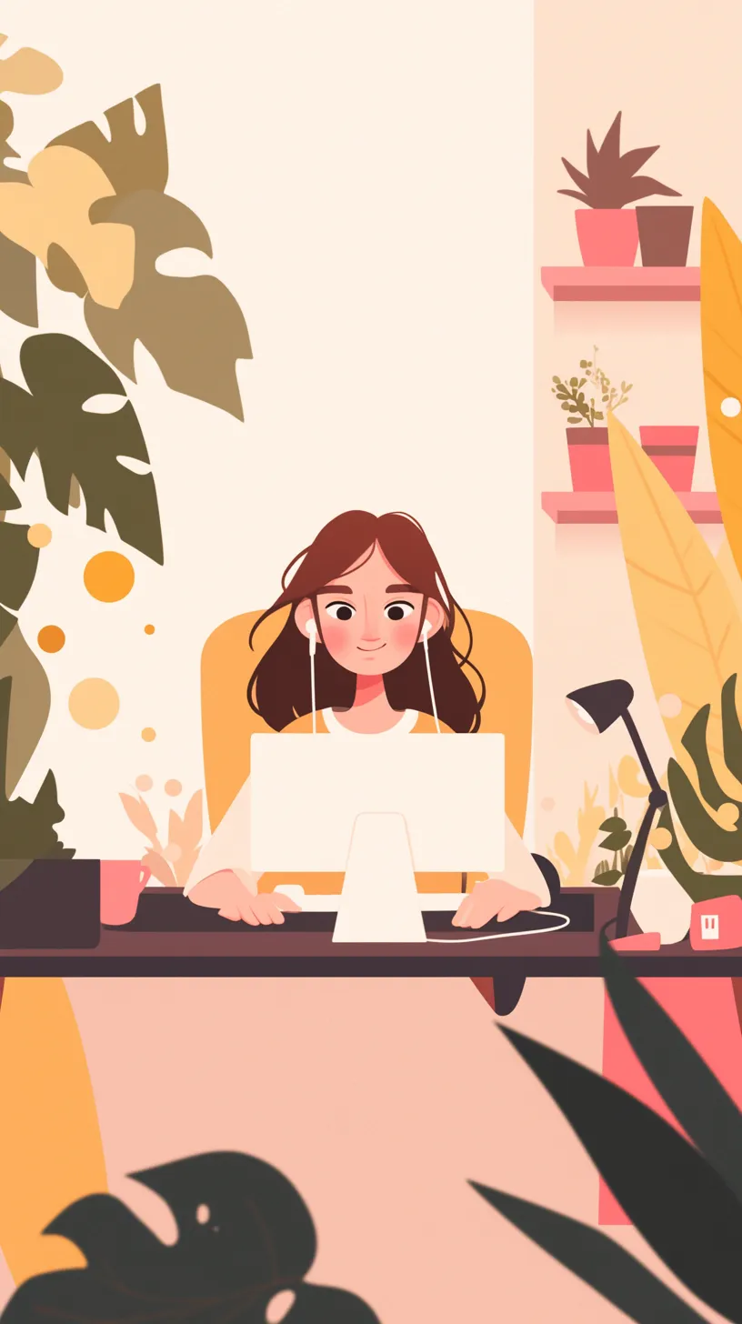 An Instagram story highlights a cheerful woman at her computer, presented in a minimalist and flat design style. The scene radiates a warm and joyful ambiance, enhanced by a cozy sofa and a sense of community. The graphic design illustration features bold shapes, a cohesive background, and a straightforward illustrative style, all while representing Hellobienbien, a real estate agency. The color palette includes shades of pink, white, and blue, complemented by sophisticated flat design elements, circular forms, and an inviting atmosphere.