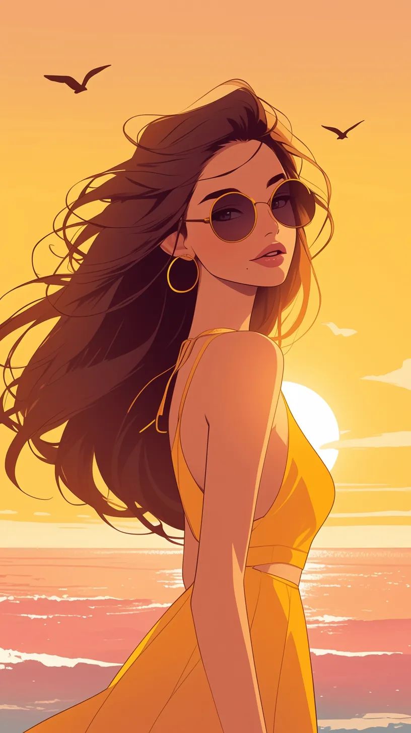 A stunning woman at sunset, illustrated in a cartoon style with intricate details.