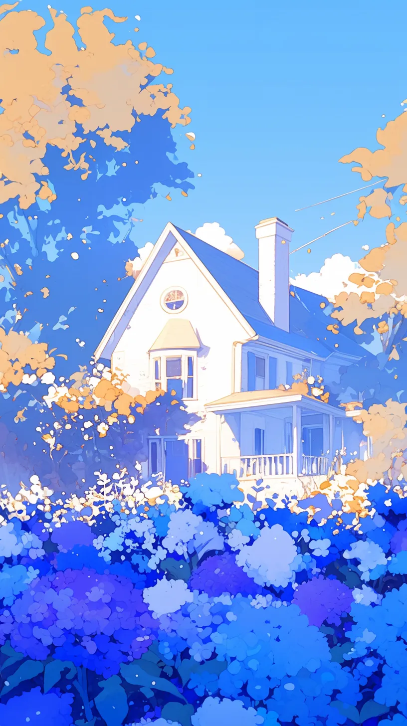 A white house stands before a backdrop of blue flowers, depicted in a dreamy style that is both enchanting and whimsical. This animated GIF showcases a cozy cottage, harmonious colors, and a playful cartoonish bug scene with soft outlines.