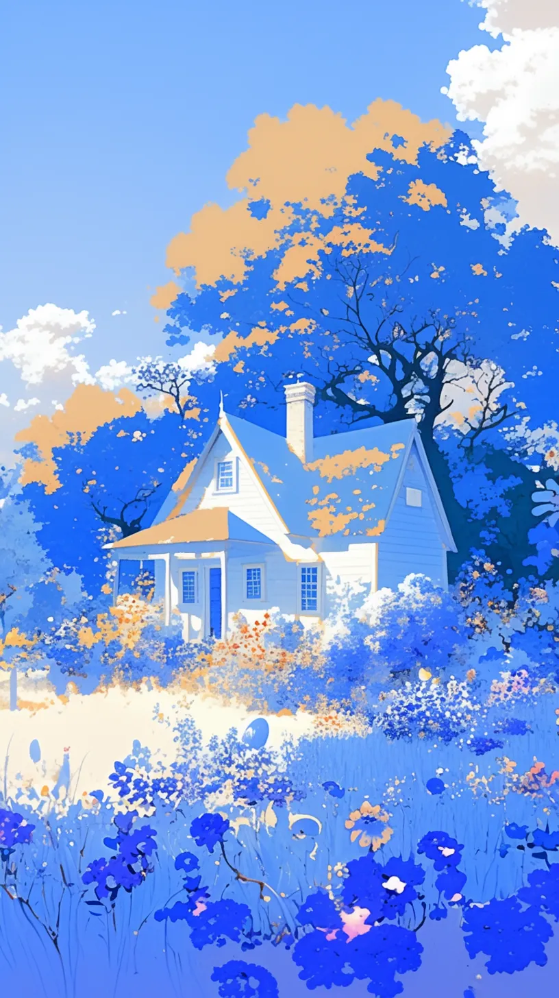 A white house is set against a backdrop of blue flowers, illustrated in a whimsical style that is both enchanting and dreamlike. This animated GIF showcases a cozy cottage at its center, beautifully colored, featuring a cartoonish scene filled with playful bugs and gentle outlines.