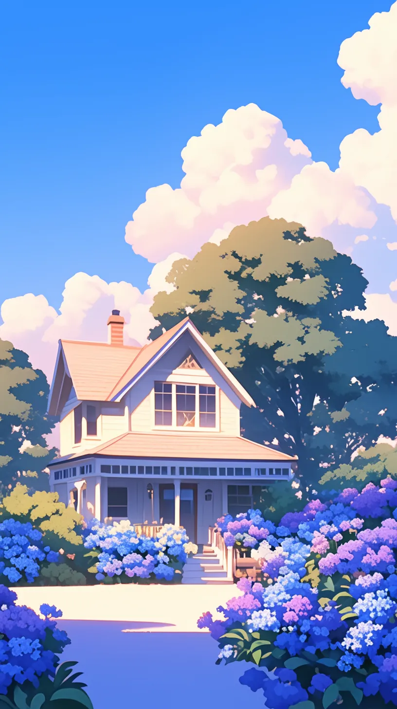 A white house stands amidst blue flowers, portrayed in a dreamy illustration style that is both enchanting and whimsical. The scene features an animated GIF, centered around a cozy cottage, with harmonious colors and a playful cartoonish vibe, all softened by gentle outlines.