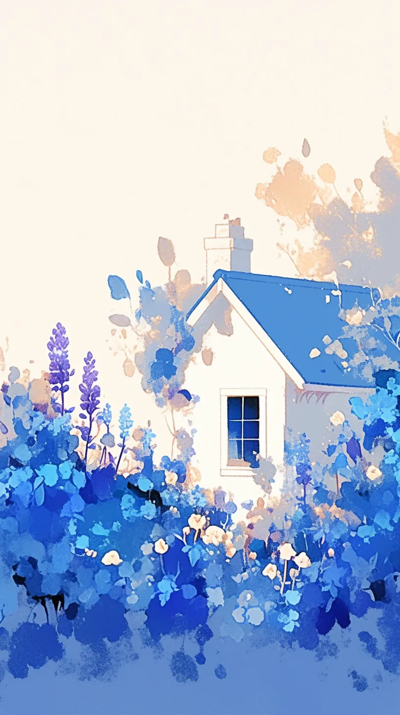 A whimsical illustration depicts a white house nestled among blue flowers, exuding charm and dreaminess. The animated GIF beautifully captures the essence of this cozy cottage, showcasing harmonious colors, a playful bug scene, and gentle contours.