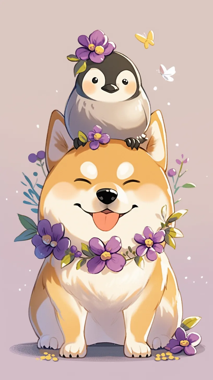 A Shiba Inu dog stands next to a cartoon penguin, illustrated in a digital style reminiscent of contemporary children's books. The characters boast oversized heads and petite bodies, adorned with a striking black and white color palette, expressive eyes, an orange beak, and a floral crown crafted from purple flowers and green leaves. The background is a solid light purple.