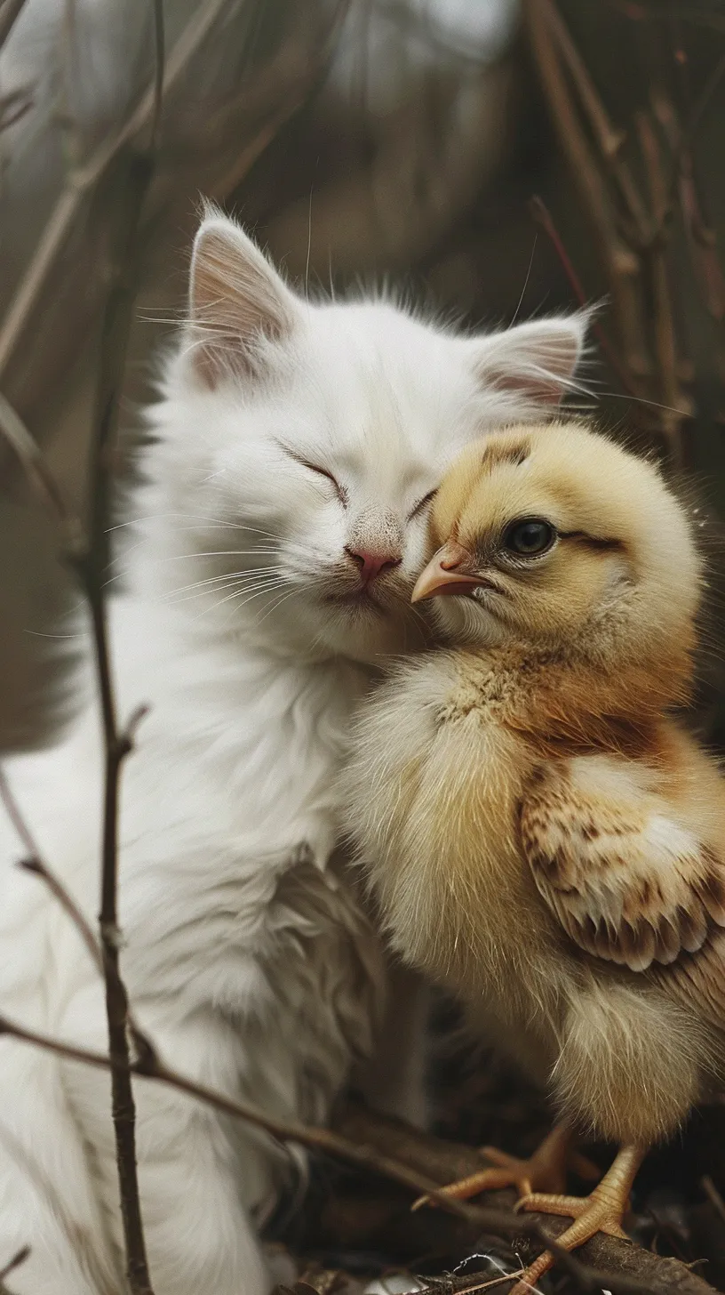 A white cat and a brown chick are the best of friends, sharing a truly epic moment of victory, filled with love for each other.