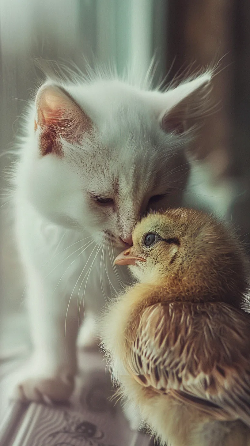 A white cat and a brown chick are the best of friends, celebrating a truly epic moment of victory, overflowing with love for one another.