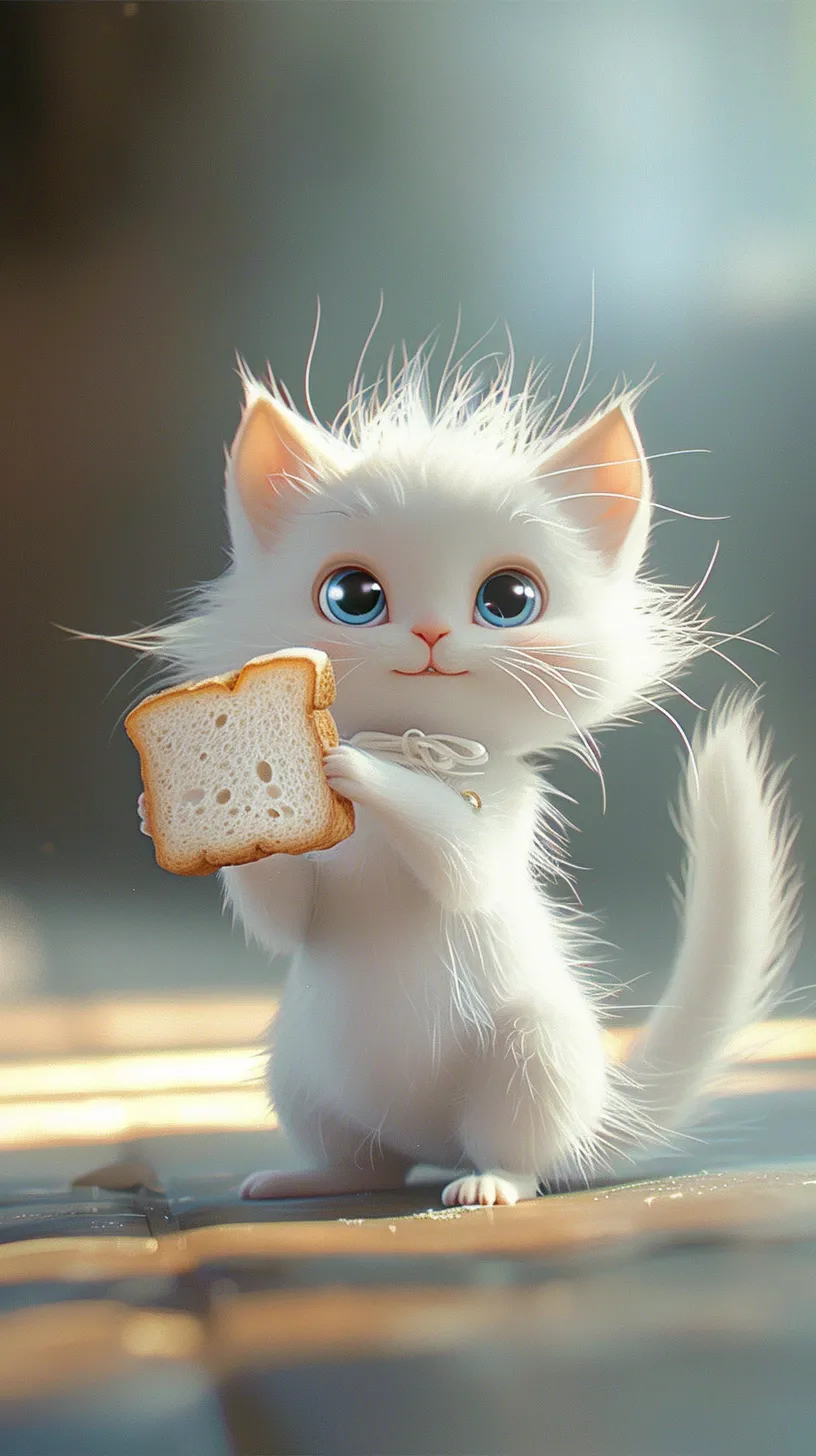 A small white kitten sits on the ground, adorned with a slice of white toast around its neck. With its long, fluffy fur, it turns its head to gaze at you, its raised tail bright and harmonious. The character design is intricate and charming, embodying a stylish flair reminiscent of Shanghai. This organic sculpture features a C4D style and 3D animated character design, blending cartoon realism with an engaging character concept. The scene is enhanced with ray tracing, capturing the essence of children’s book illustration, all set against a pristine white background.