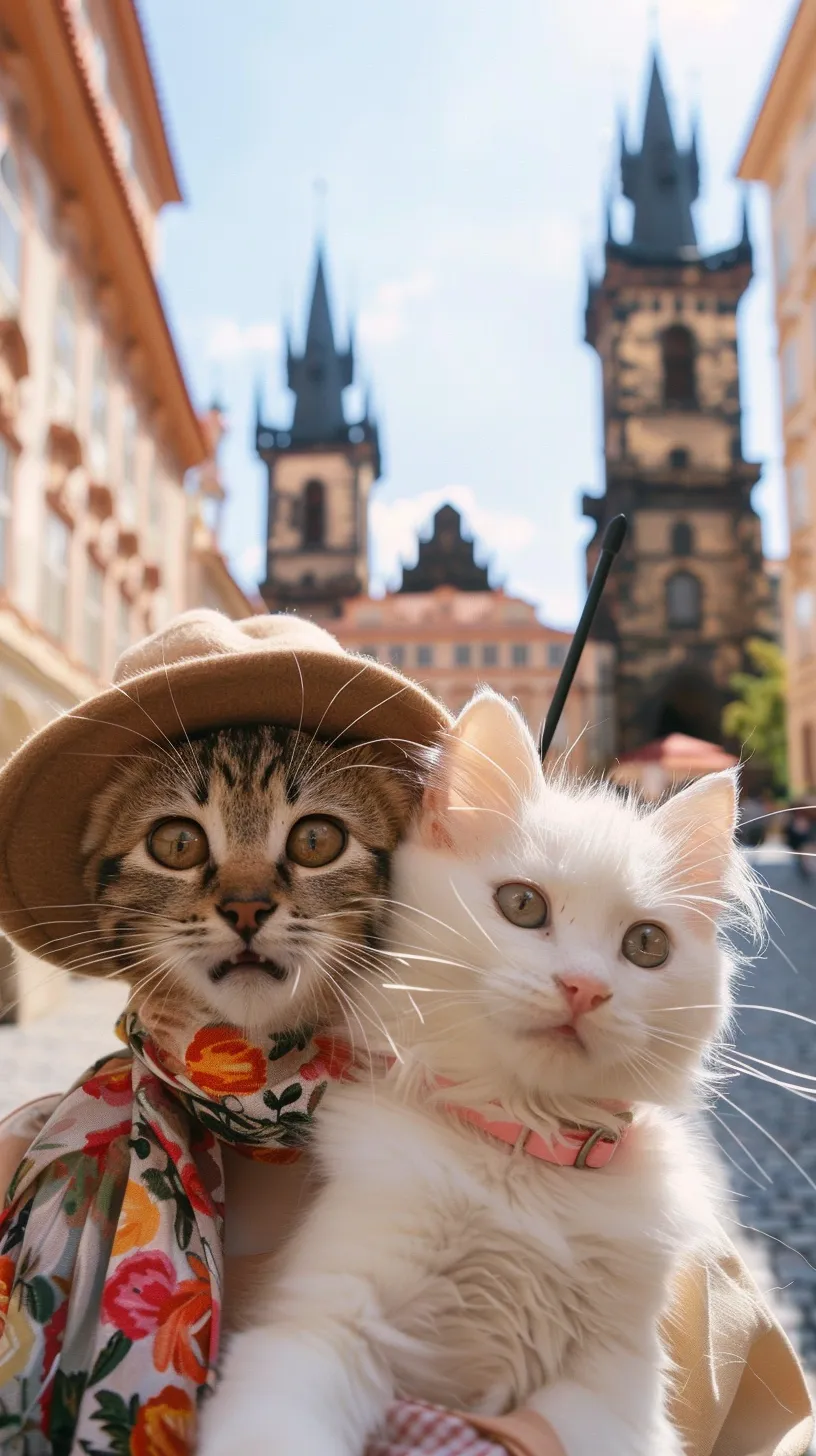 Brown tabby kitten Leeloo and white Persian kitten Zoe strike a pose for a selfie during their enchanting trip to Prague. Leeloo dons a trendy mini beret and a fashionable scarf, holding a petite selfie stick, while Zoe sports a chic floral sun hat and a soft sundress, playfully winking at the camera. They stand in front of the iconic Prasna Brana tower, which rises majestically in the background. The photo beautifully captures the joy and excitement on their faces, with the Prasna Brana tower perfectly framed between them. The lighting is bright and airy, accentuating their vibrant personalities.