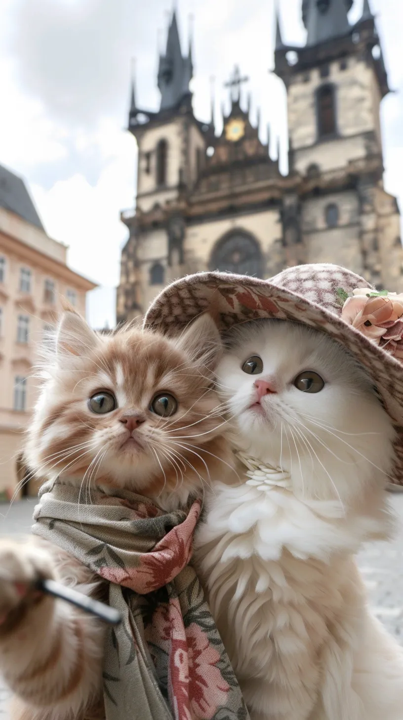 Brown tabby kitten Leeloo and white Persian kitten Zoe are taking a selfie during their delightful trip to Prague. Leeloo sports a trendy mini beret and a stylish scarf, holding a small selfie stick, while Zoe dons a chic floral sun hat and a soft sundress, playfully winking at the camera. They stand in front of the iconic Prasna Brana tower, which looms majestically in the background. The photo captures the joy and excitement on their faces, with the Prasna Brana tower perfectly framed between them. The bright, airy lighting highlights their playful charm.