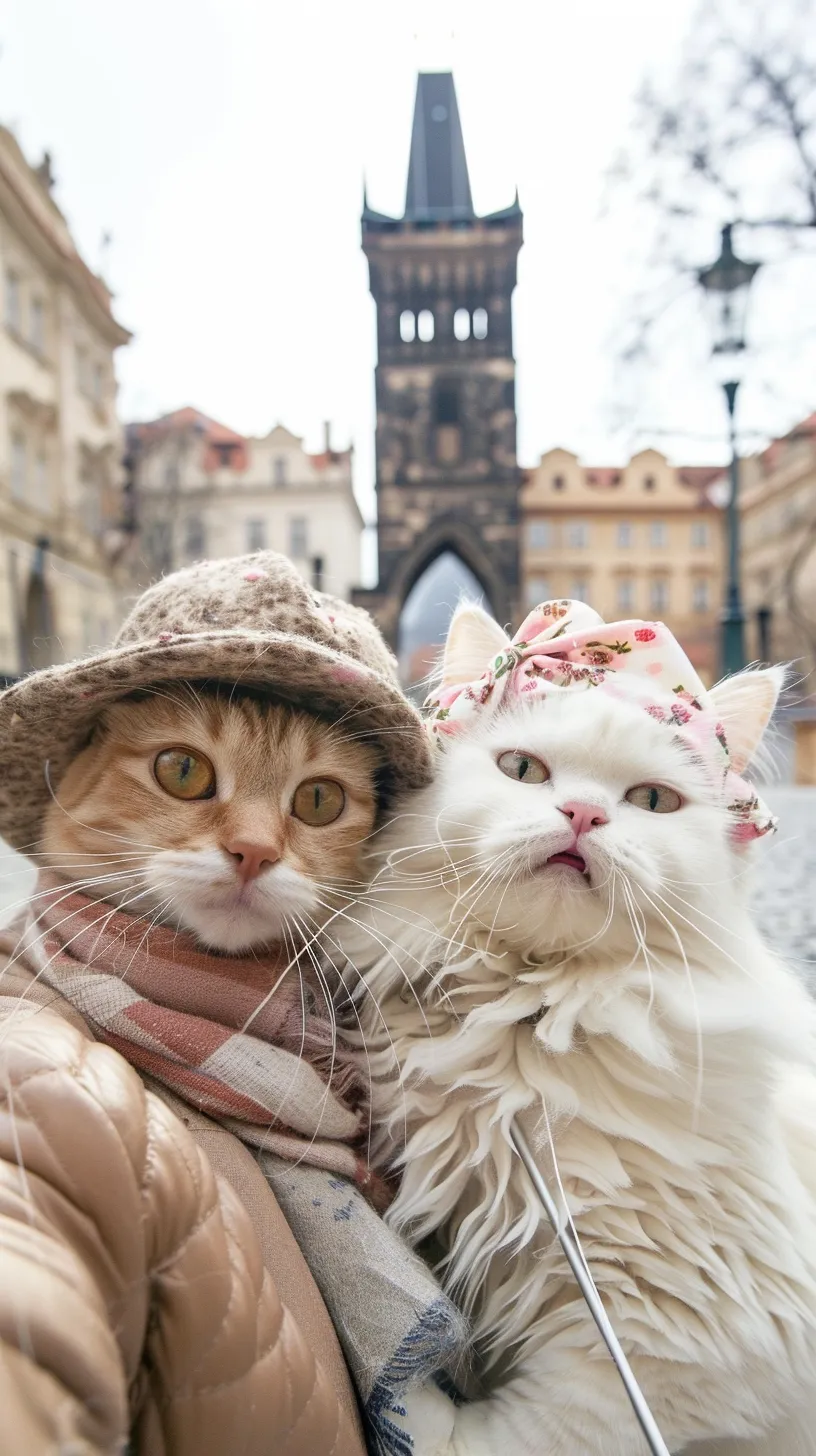 The brown tabby kitten Leeloo and the white Persian kitten Zoe are taking a selfie during their delightful trip to Prague. Leeloo sports a stylish mini beret and a fashionable scarf, holding a small selfie stick, while Zoe wears a chic floral sun hat and a soft sundress, playfully winking at the camera. They stand in front of the iconic Prasna Brana Tower, which majestically looms in the background. This photo captures the joy and excitement on their faces, with the Prasna Brana Tower perfectly framed between them. The lighting is bright and airy, accentuating their playful expressions.