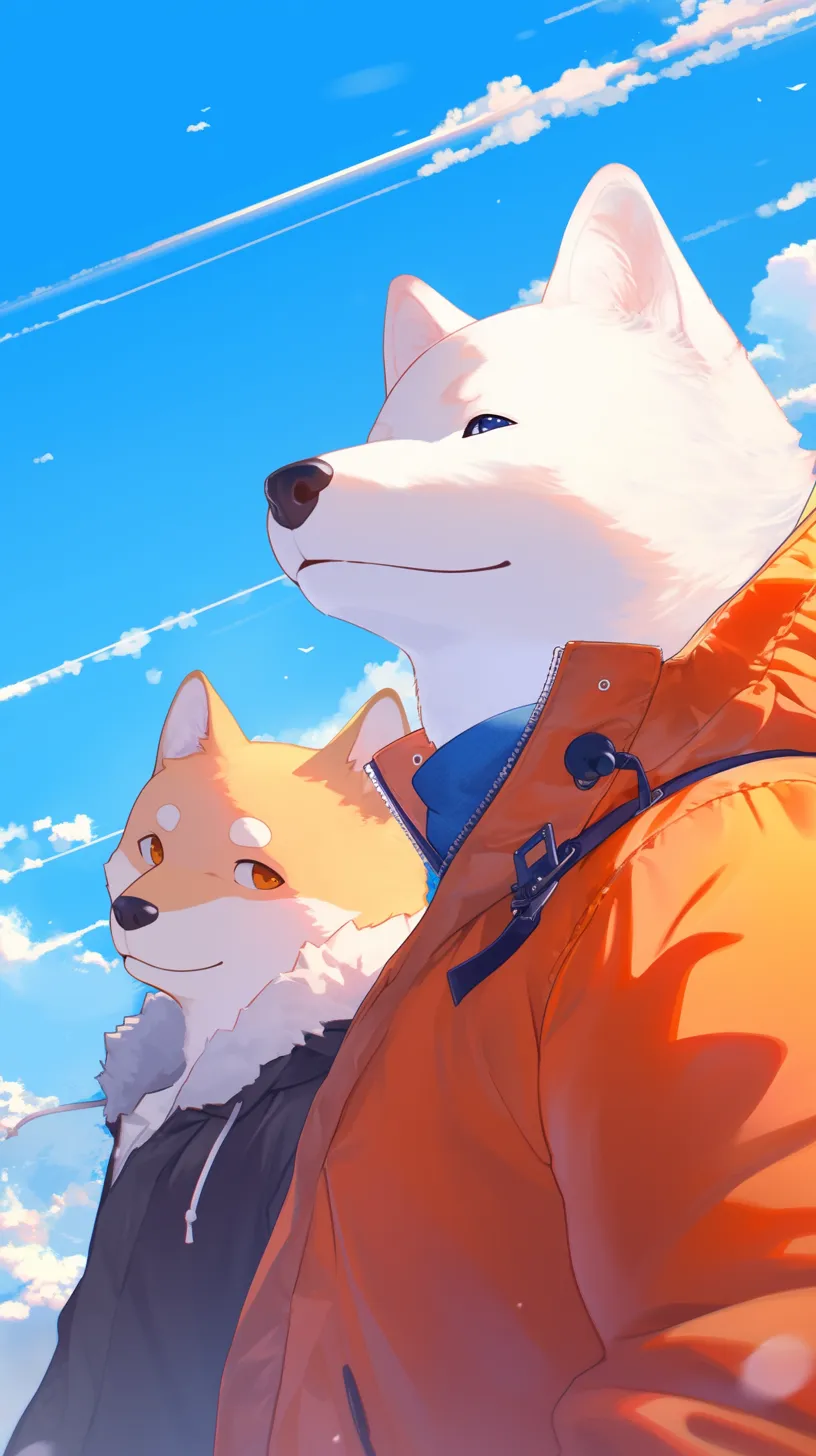 A cute white Shiba Inu and a brown Shiba Inu dressed in an anorak. Anime-style illustration.