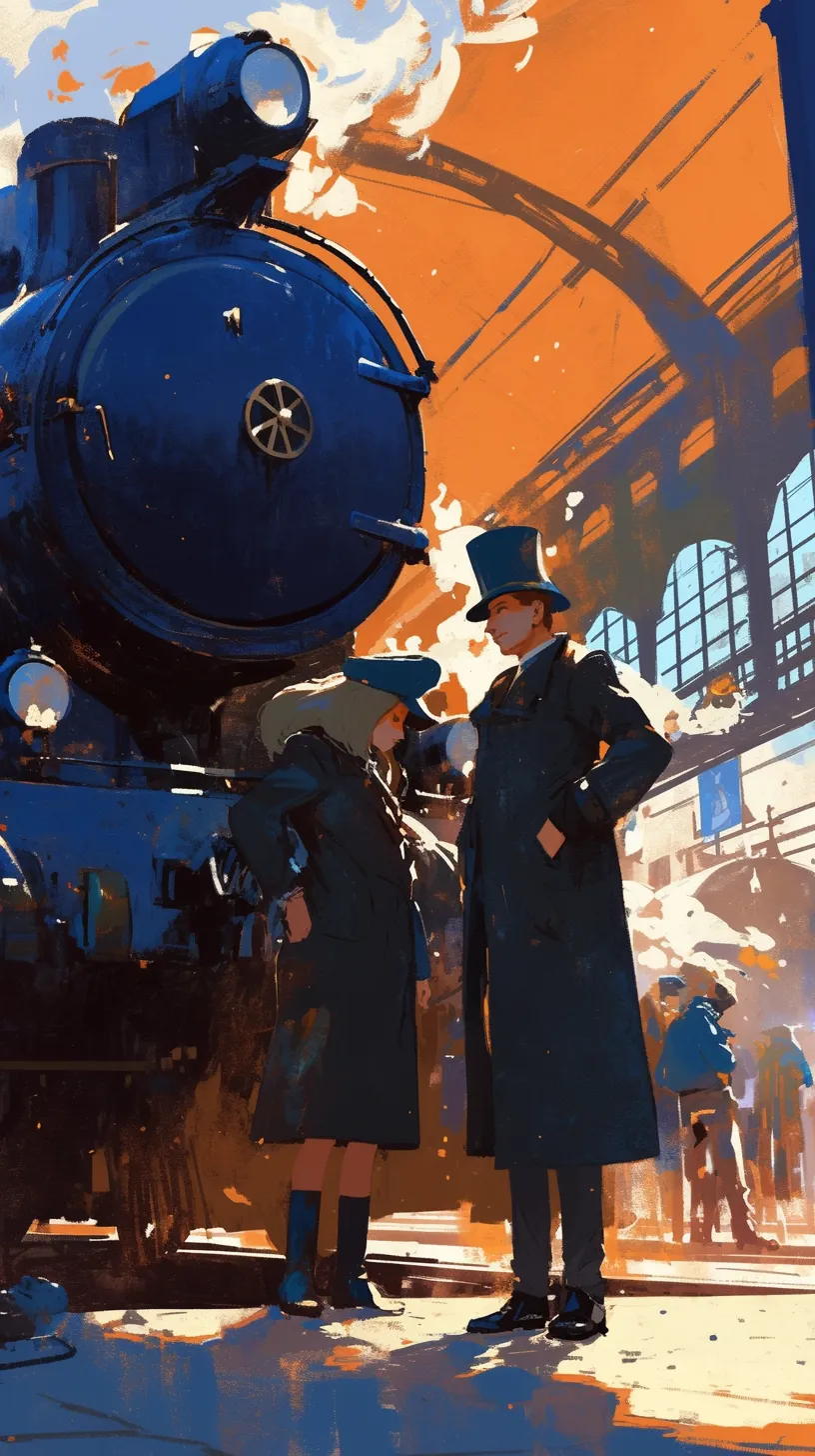 Illustration style for children's books characterized by bold strokes, set in France, featuring the Orient Express in navy and black at the train station during the day. It is whimsical, imaginative, and vibrant.