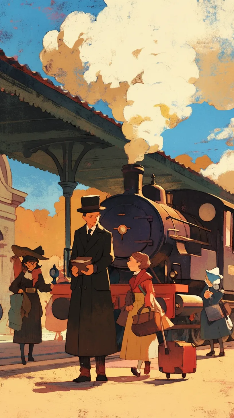 Children's book illustration style with rich brush strokes, showcasing the Orient Express in navy and black at a daytime train station. The scene is whimsical and fantastical, vibrant and colorful.