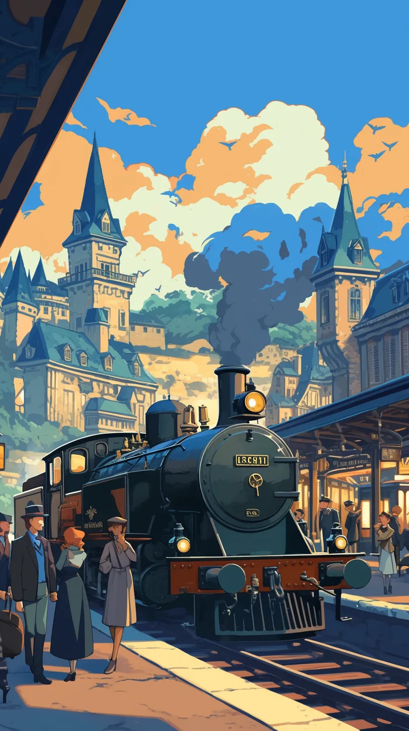 Children's book illustration style featuring bold brush strokes, showcasing the Orient Express in navy and black at a train station during the day, whimsical and imaginative, vibrant in color.