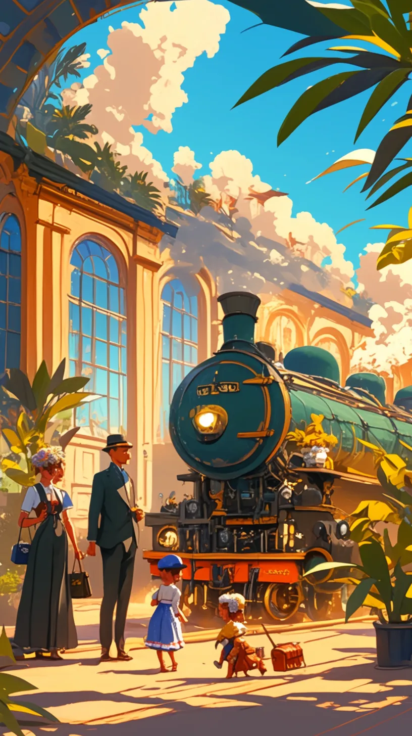 Illustration style for children's books, showcasing deep brush strokes and set in France. It features the Orient Express in navy and black at the train station during the day, creating a whimsical, imaginative, and vibrant scene.