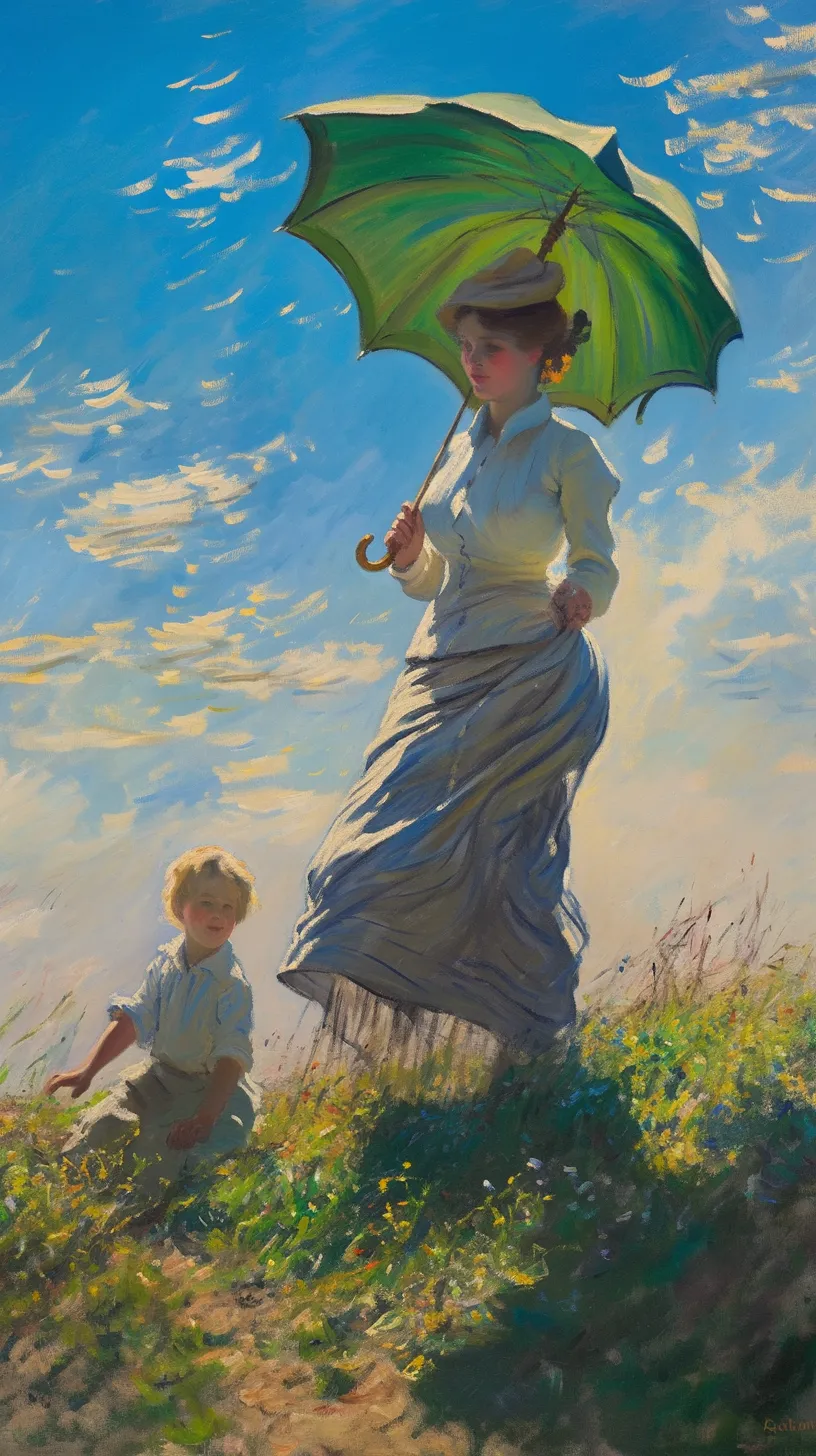 An Impressionist-style painting captures a woman and a child outdoors. The woman stands gracefully with a green parasol, shielding herself from the bright, dappled sunlight. She wears a flowing dress that shimmers in the light, its ruffled texture suggesting movement. In the lower left corner, the child gazes up at her with wide eyes. They are surrounded by a vibrant backdrop of trees and wildflowers. Behind them, the sky is a dynamic blend of blue and white, reflecting the ever-changing nature of the clouds. The brushwork is loose and expressive, characteristic of Impressionism, aiming to convey the essence of the scene rather than intricate details.