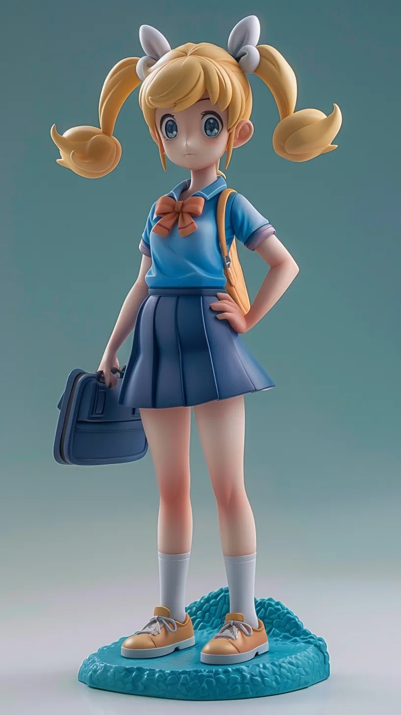 Imagine a collectible toy of a school girl, showcasing a character design influenced by the distinctive style of Ken Sugimori.