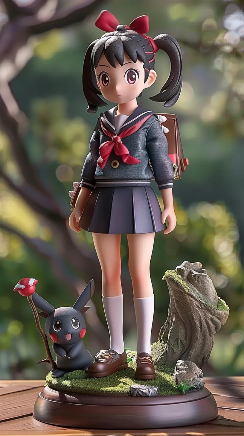 Imagine a collectible toy of a schoolgirl, showcasing character design influenced by the unique style of Ken Sugimori.